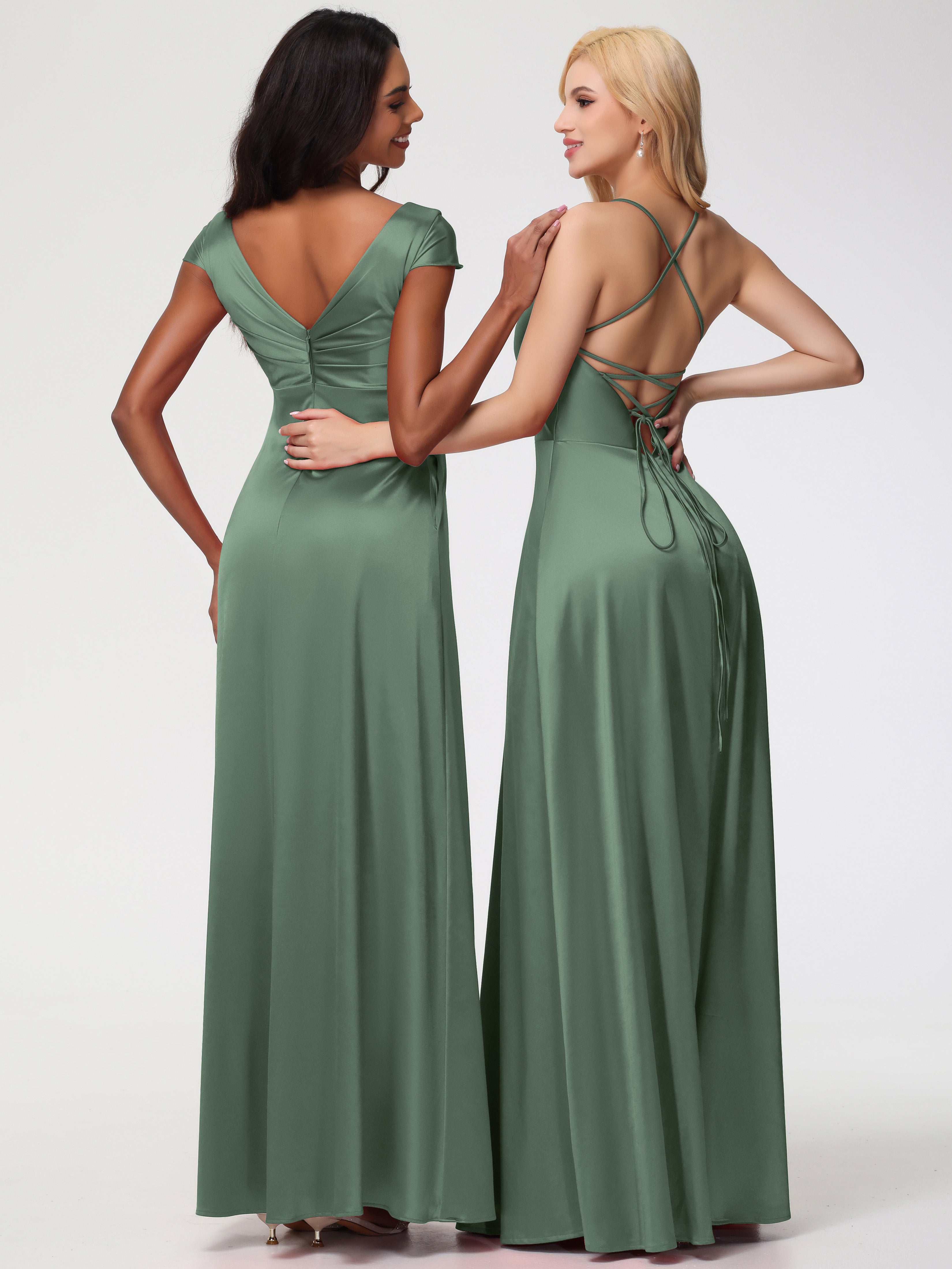 Robes De Demoiselle D'Honneur Olive Col V Bretelles Croisées Satin Extensible Robe De Demoiselle D'Honneur Robe Plissée