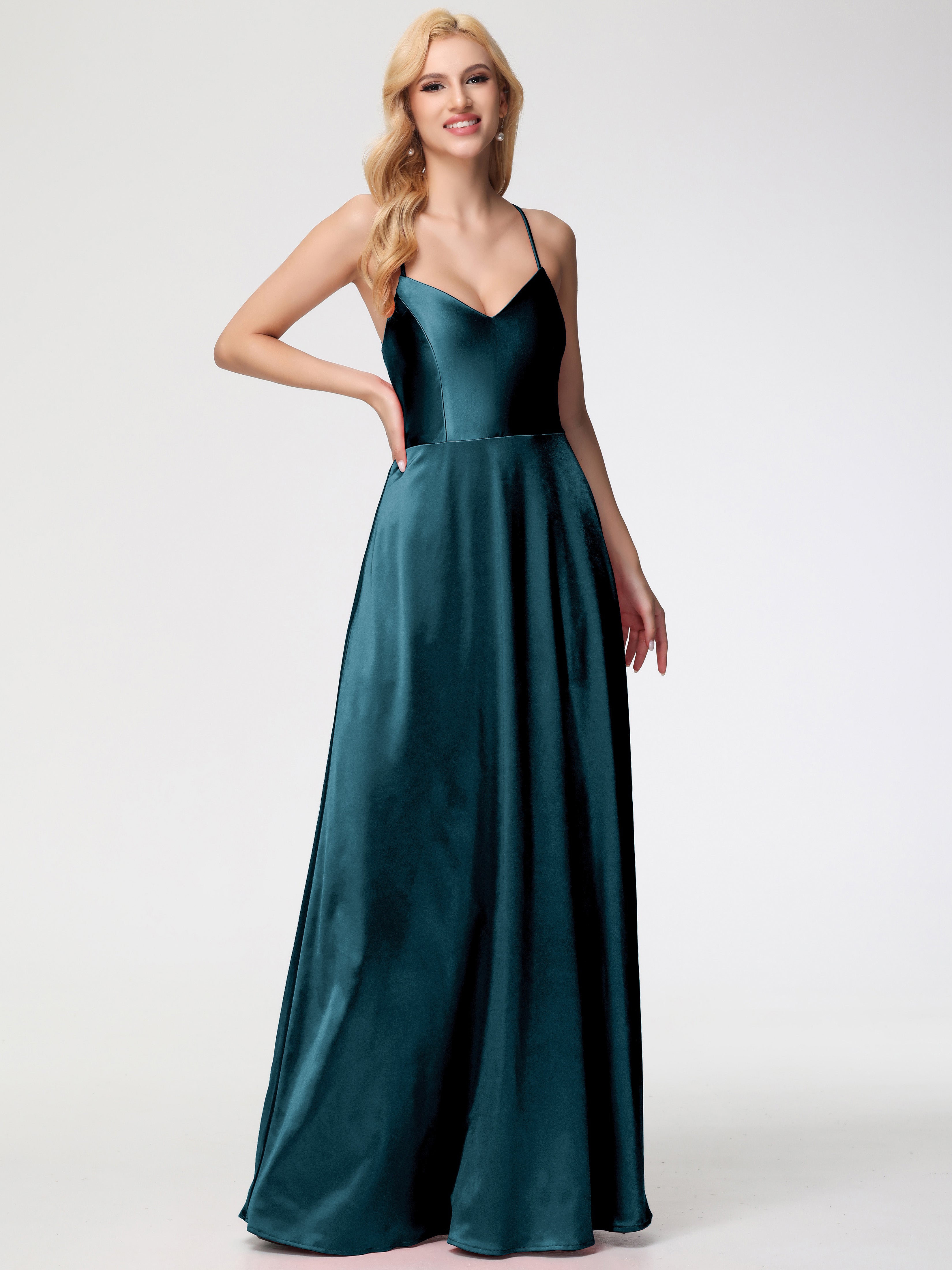 Robes De Demoiselle D'Honneur De Paon Col V Bretelles Croisées Satin Extensible Robe De Demoiselle D'Honneur Robe Plissée