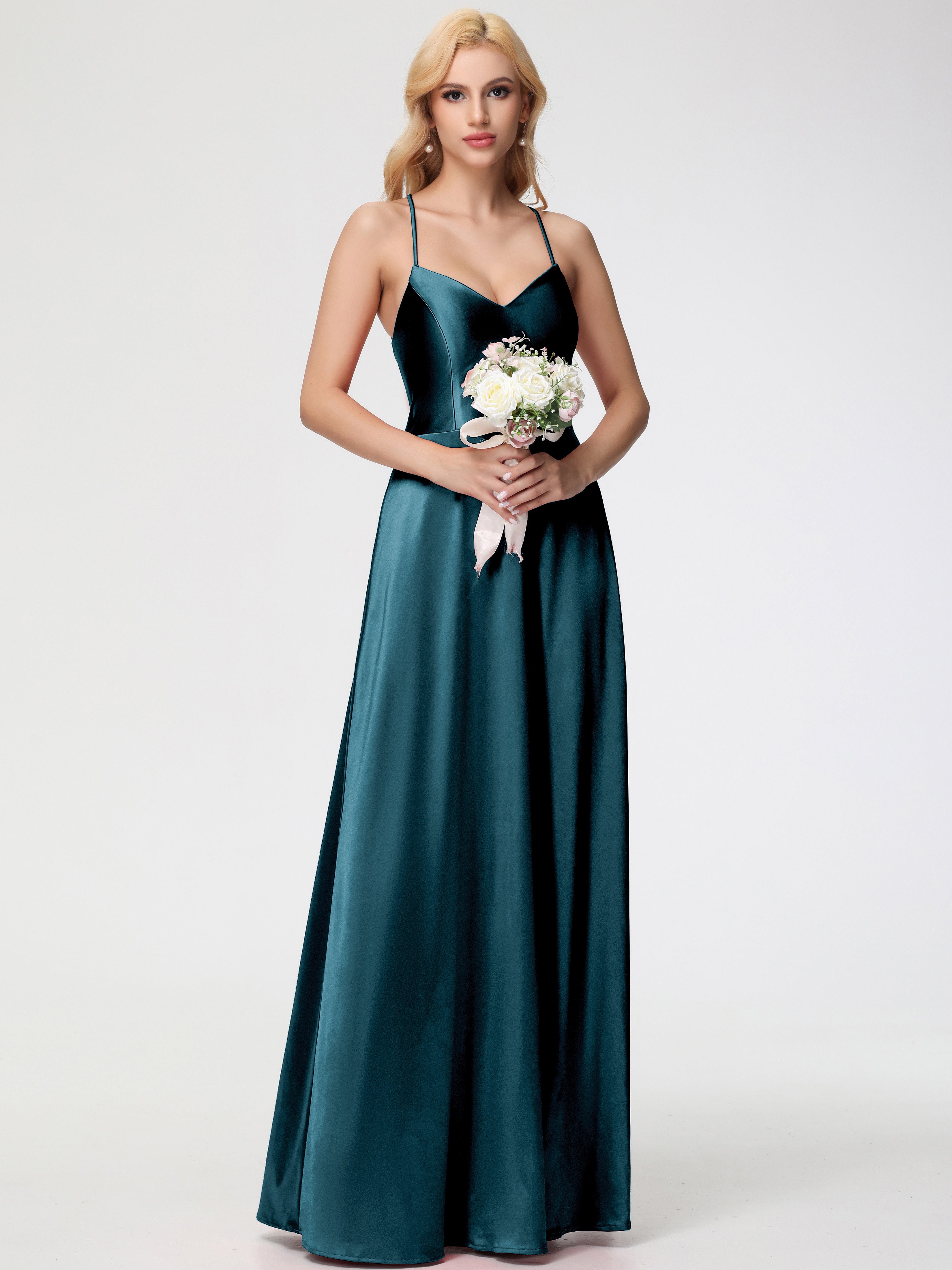 Robes De Demoiselle D'Honneur De Paon Col V Bretelles Croisées Satin Extensible Robe De Demoiselle D'Honneur Robe Plissée