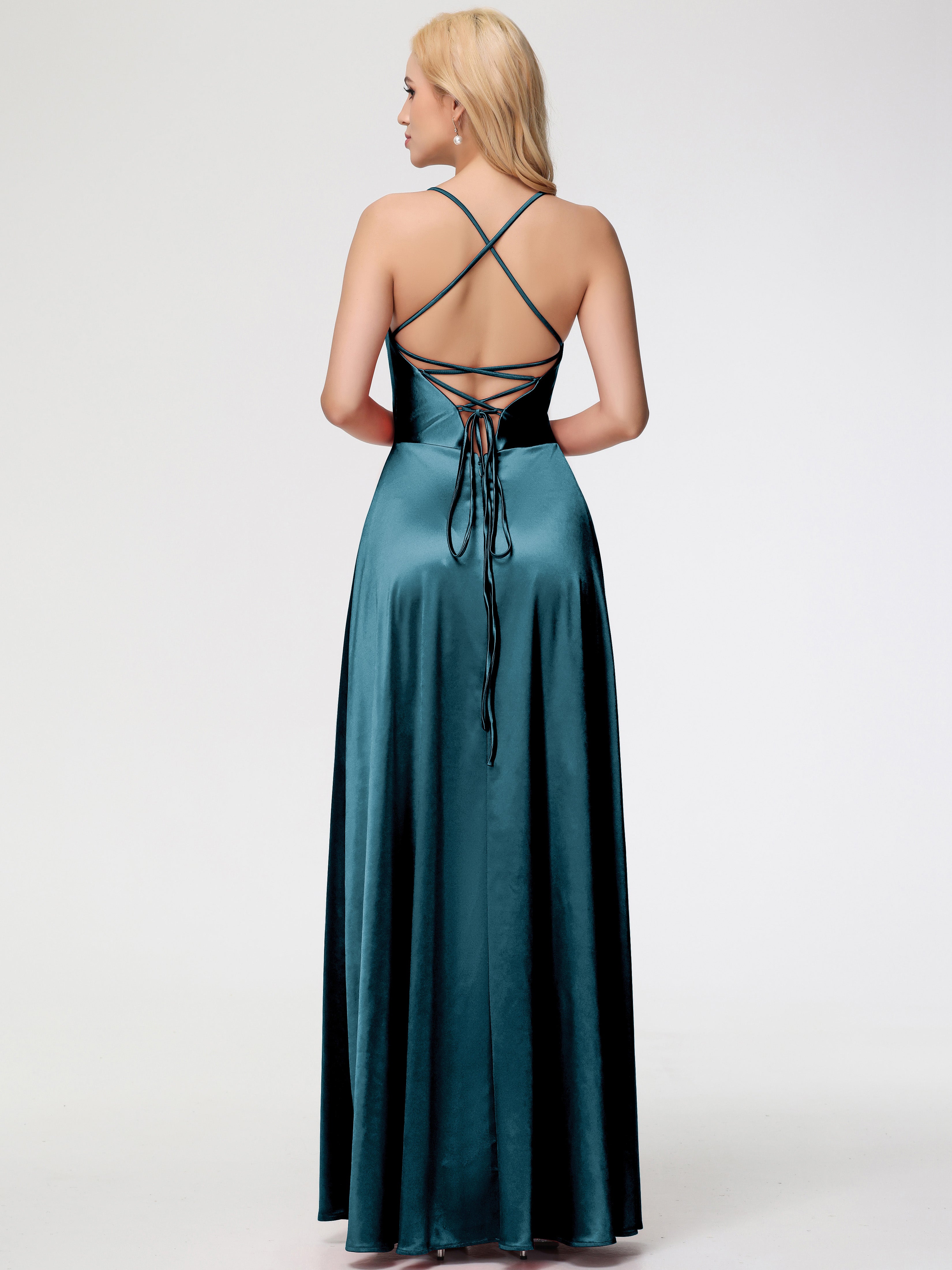 Robes De Demoiselle D'Honneur De Paon Col V Bretelles Croisées Satin Extensible Robe De Demoiselle D'Honneur Robe Plissée