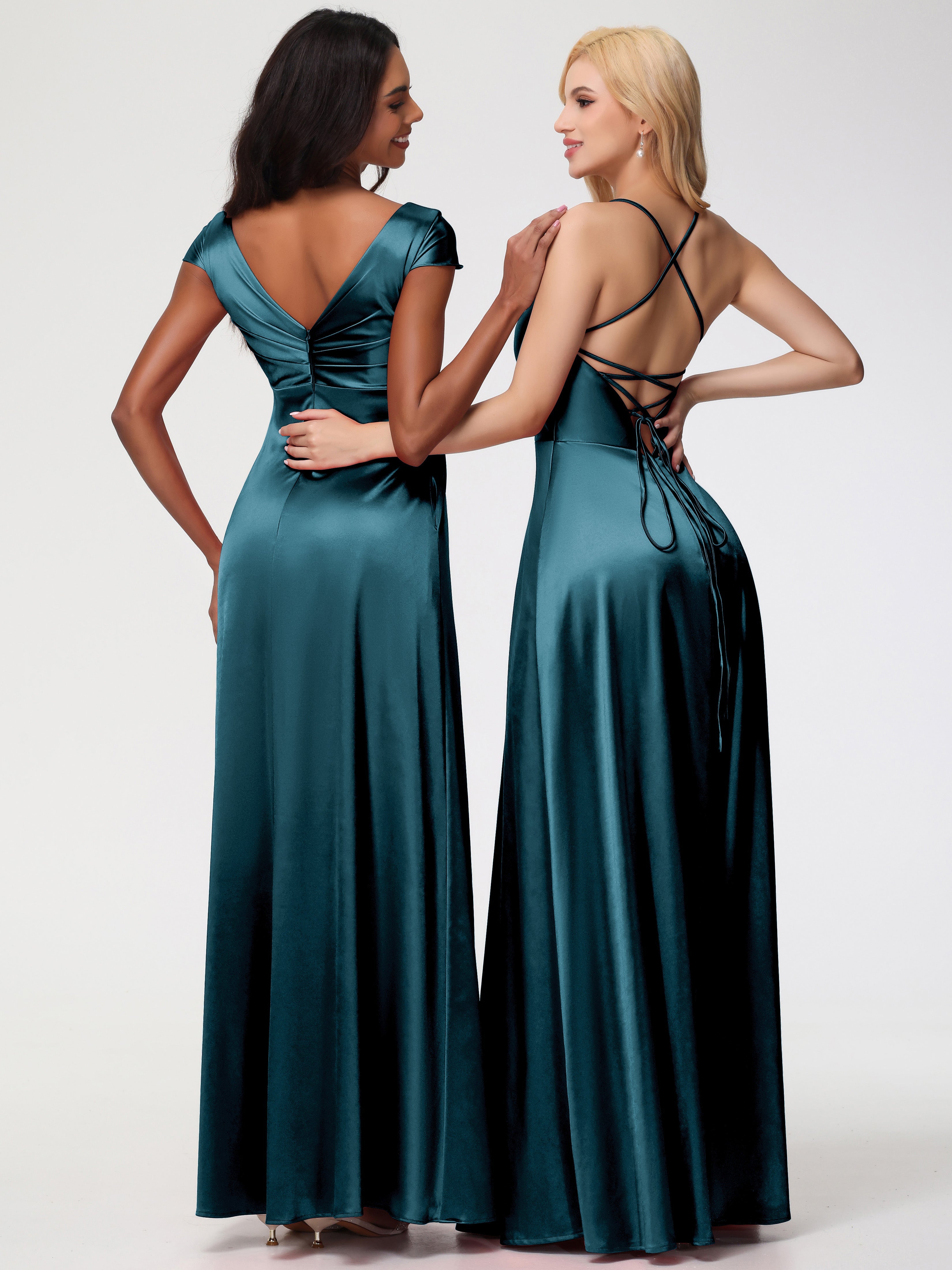 Robes De Demoiselle D'Honneur De Paon Col V Bretelles Croisées Satin Extensible Robe De Demoiselle D'Honneur Robe Plissée