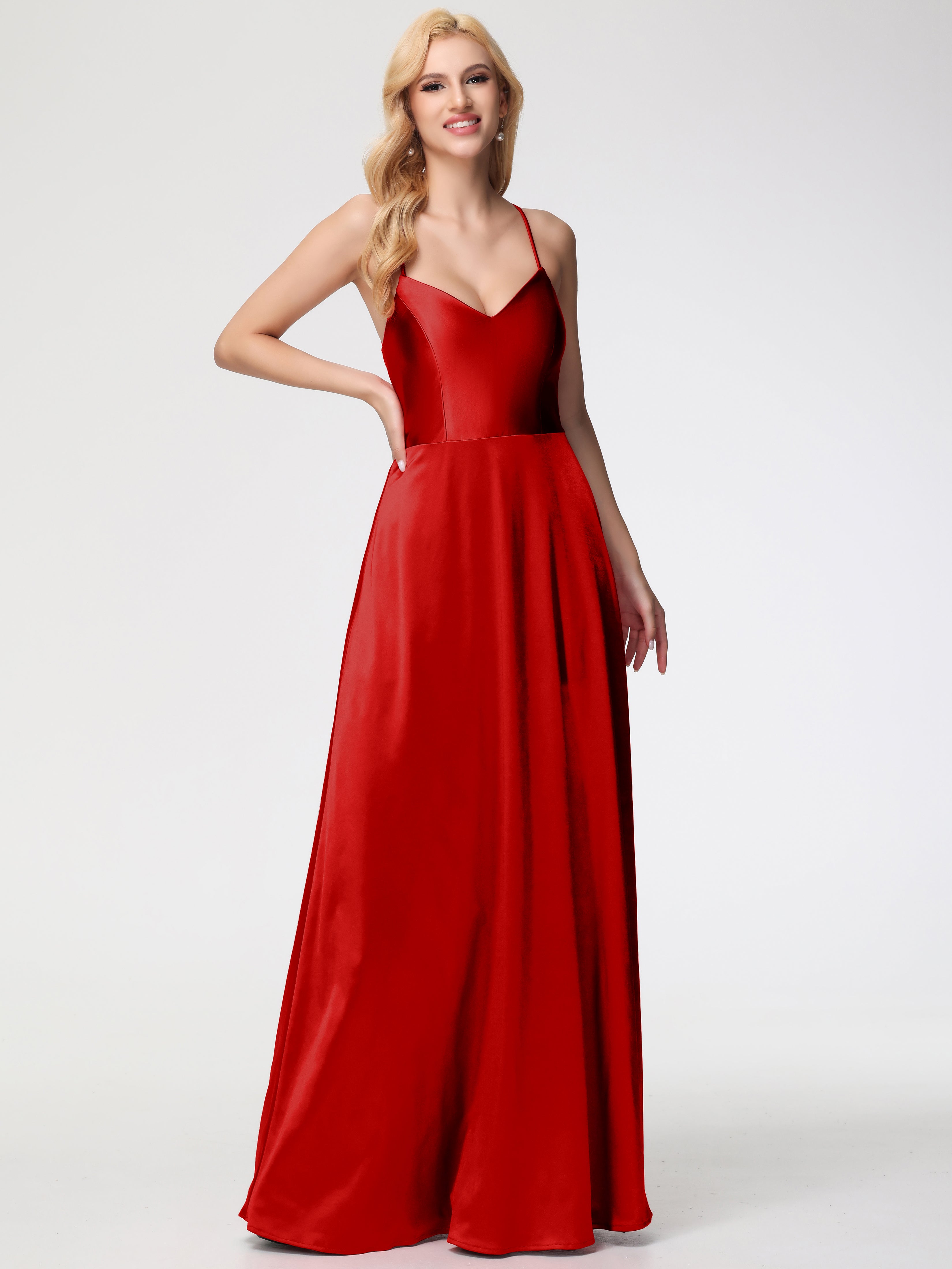 Robe Demoiselle D Honneur Rouge Pas Cher Col V Bretelles Croisées Satin Extensible Robe De Demoiselle D'Honneur Robe Plissée