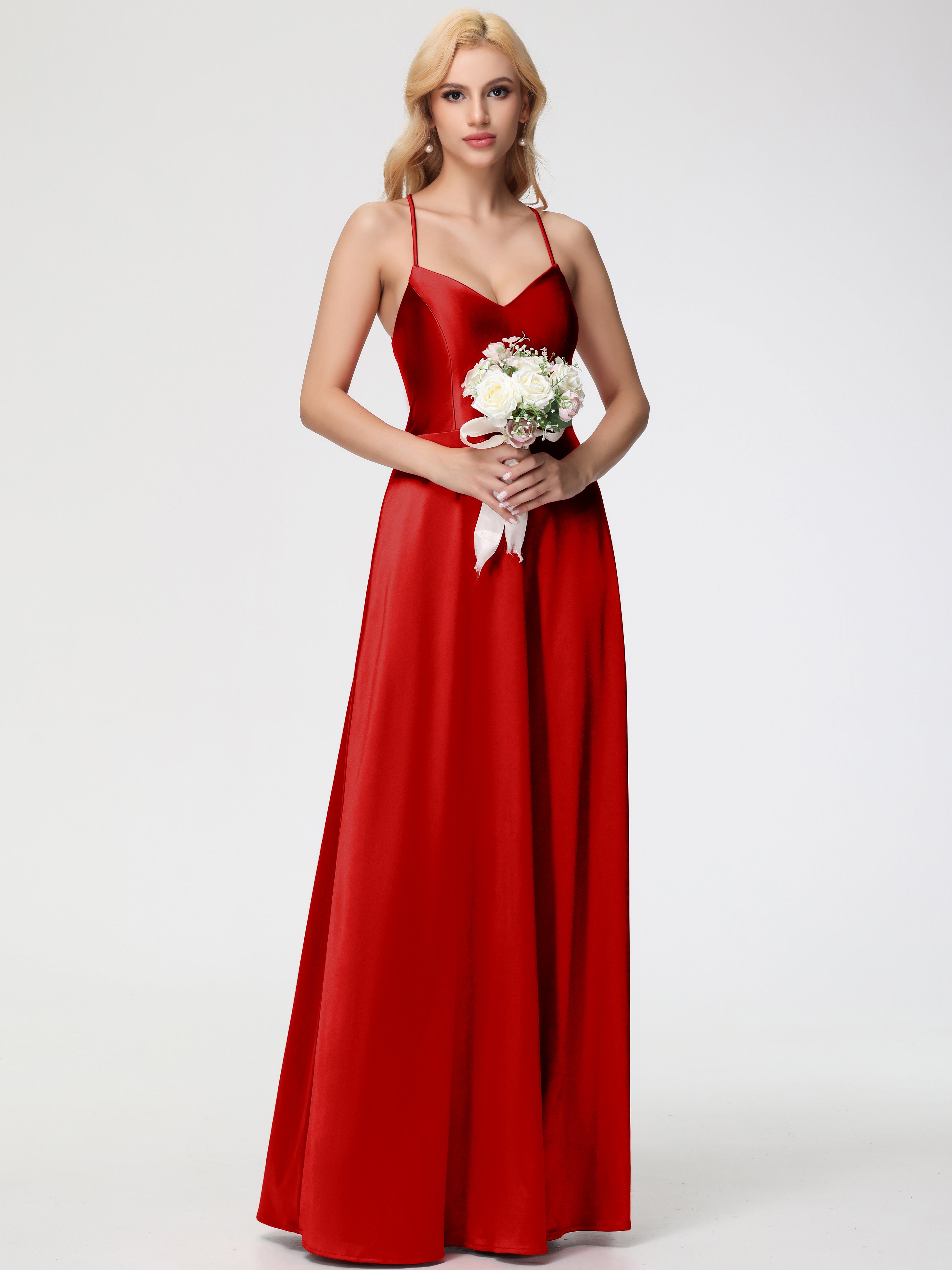 Robe Demoiselle D Honneur Rouge Pas Cher Col V Bretelles Croisées Satin Extensible Robe De Demoiselle D'Honneur Robe Plissée