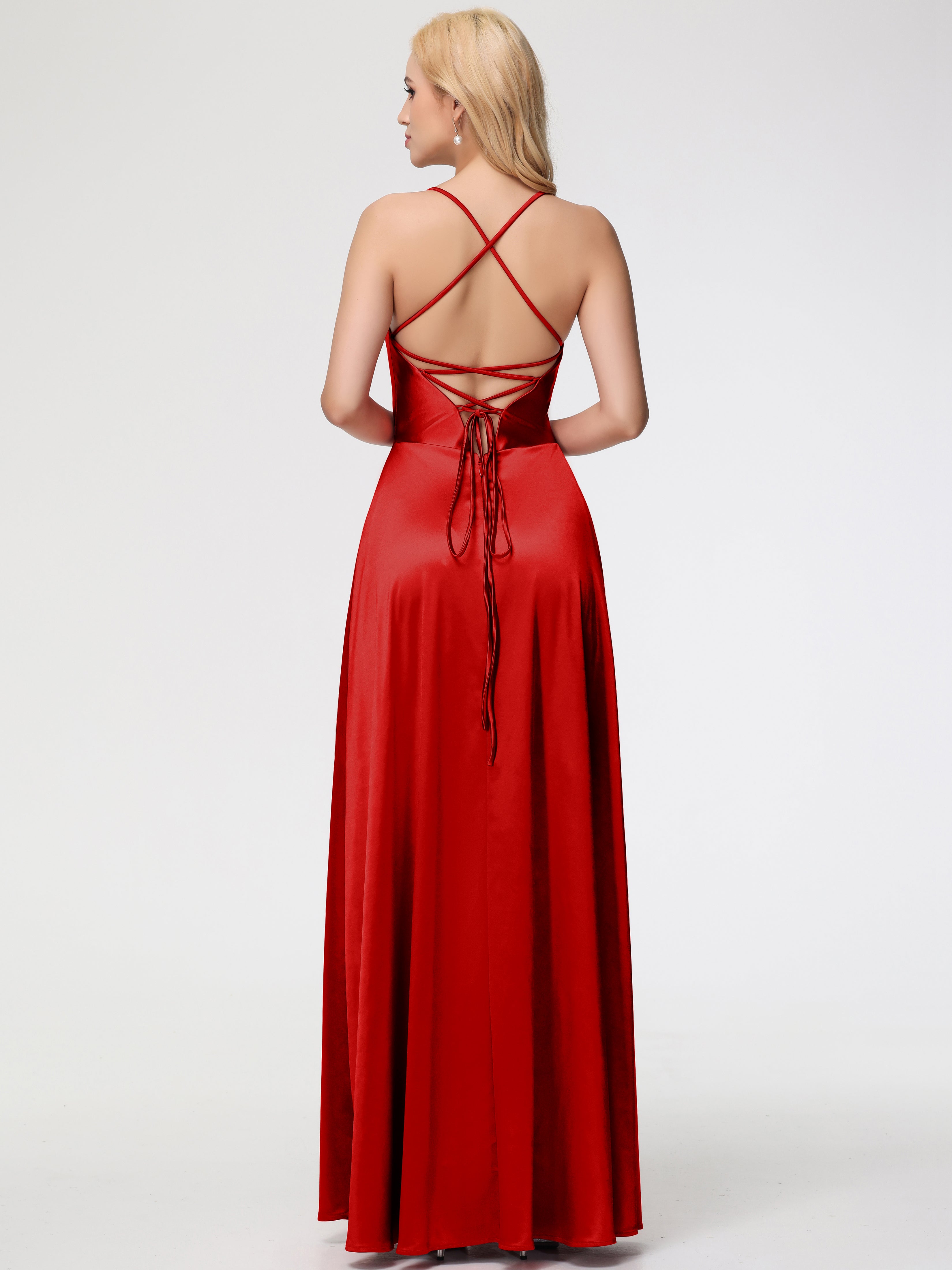 Robe Demoiselle D Honneur Rouge Pas Cher Col V Bretelles Croisées Satin Extensible Robe De Demoiselle D'Honneur Robe Plissée