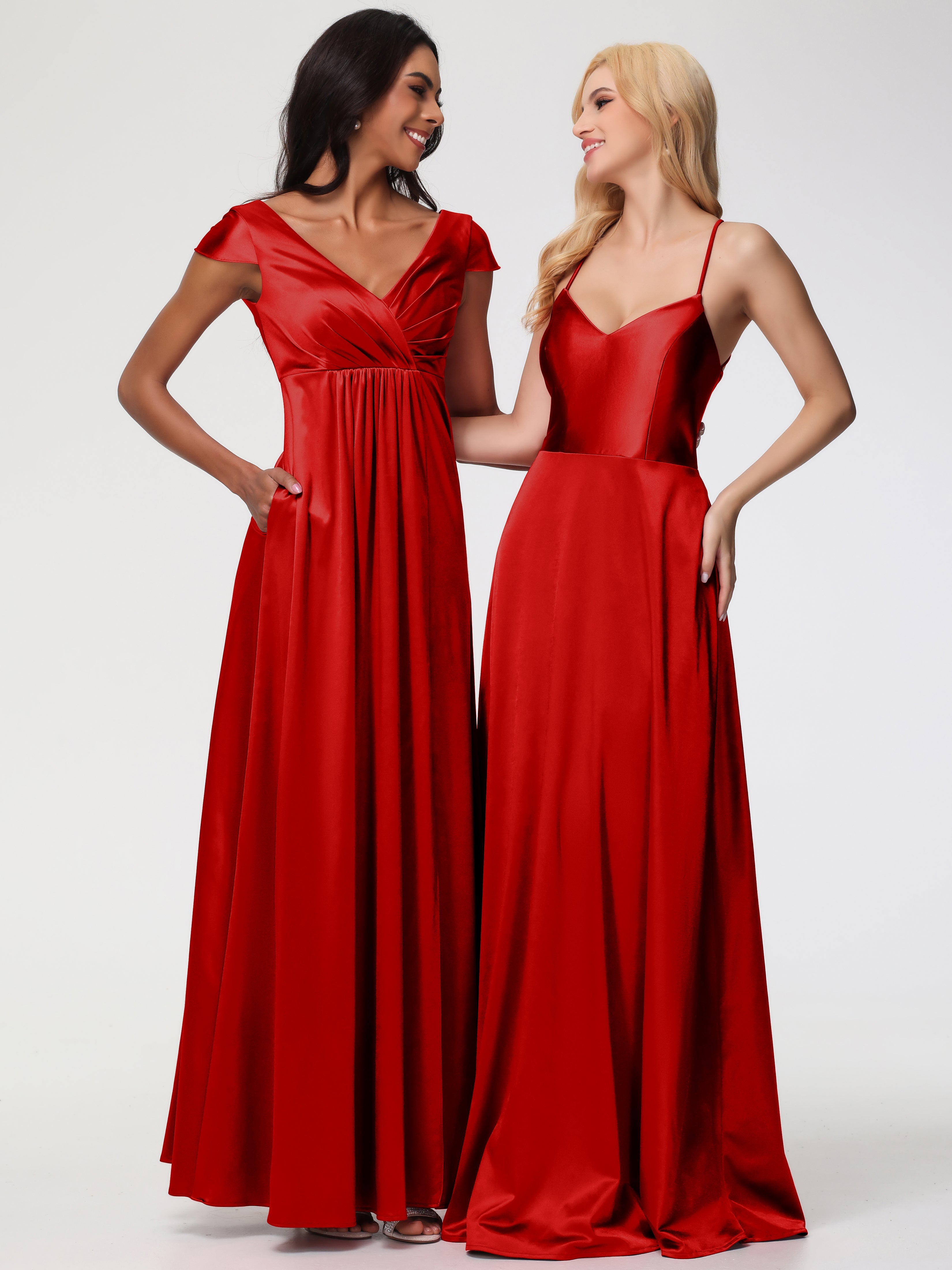 Robe Demoiselle D Honneur Rouge Pas Cher Col V Bretelles Croisées Satin Extensible Robe De Demoiselle D'Honneur Robe Plissée