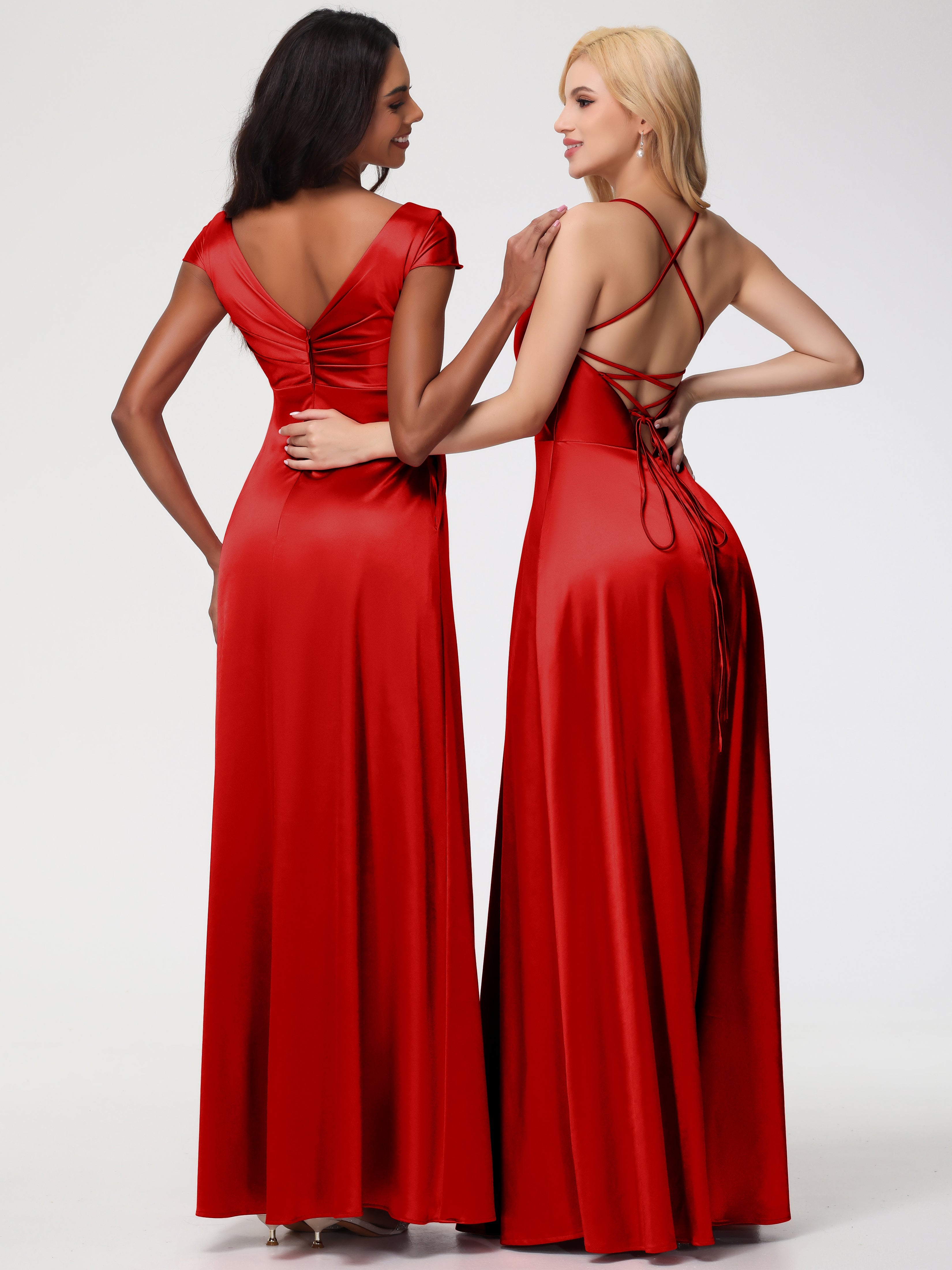 Robe Demoiselle D Honneur Rouge Pas Cher Col V Bretelles Croisées Satin Extensible Robe De Demoiselle D'Honneur Robe Plissée