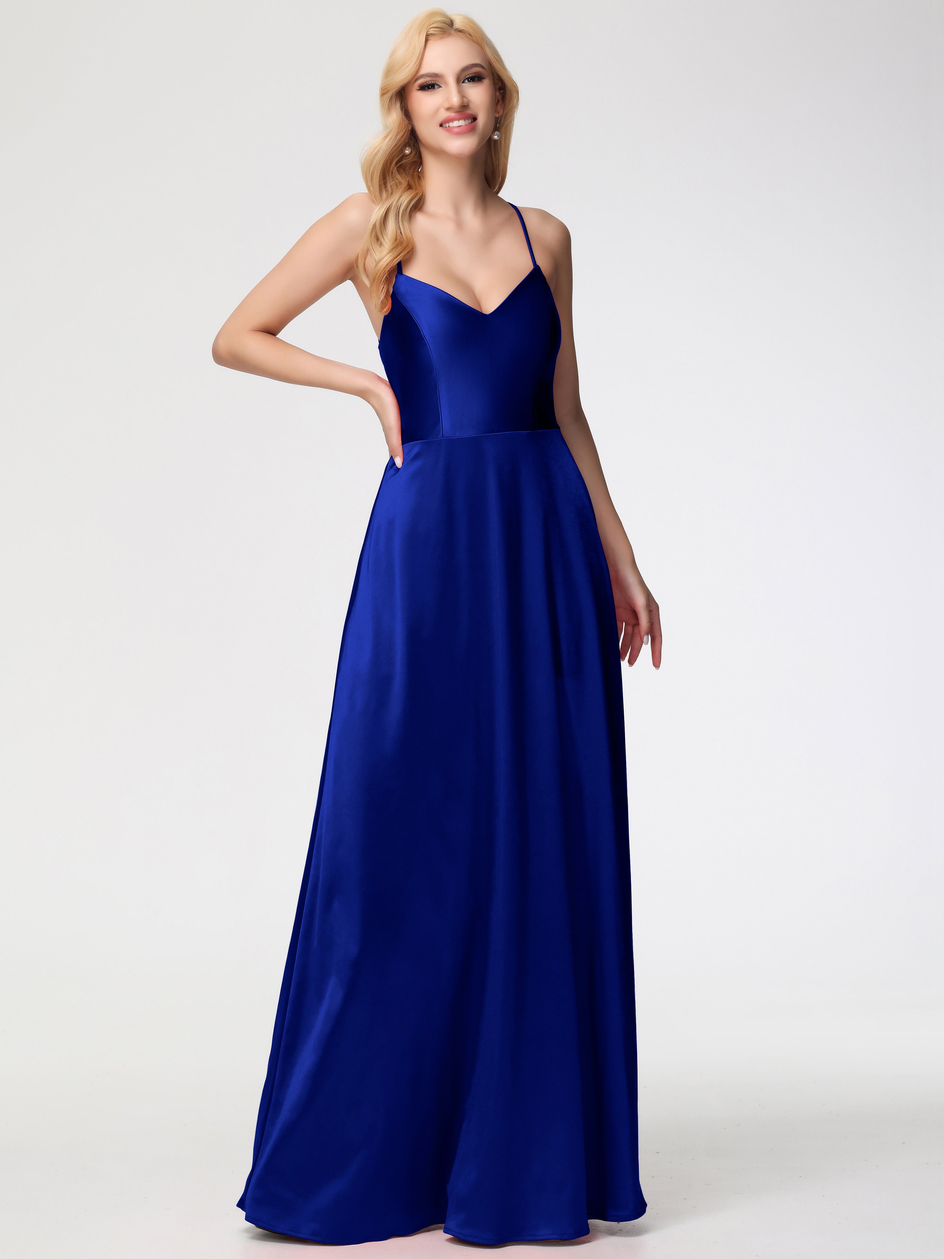Robes De Demoiselle D'Honneur Bleu Royal Pas Cher Col V Bretelles Croisées Satin Extensible Robe De Demoiselle D'Honneur Robe Plissée