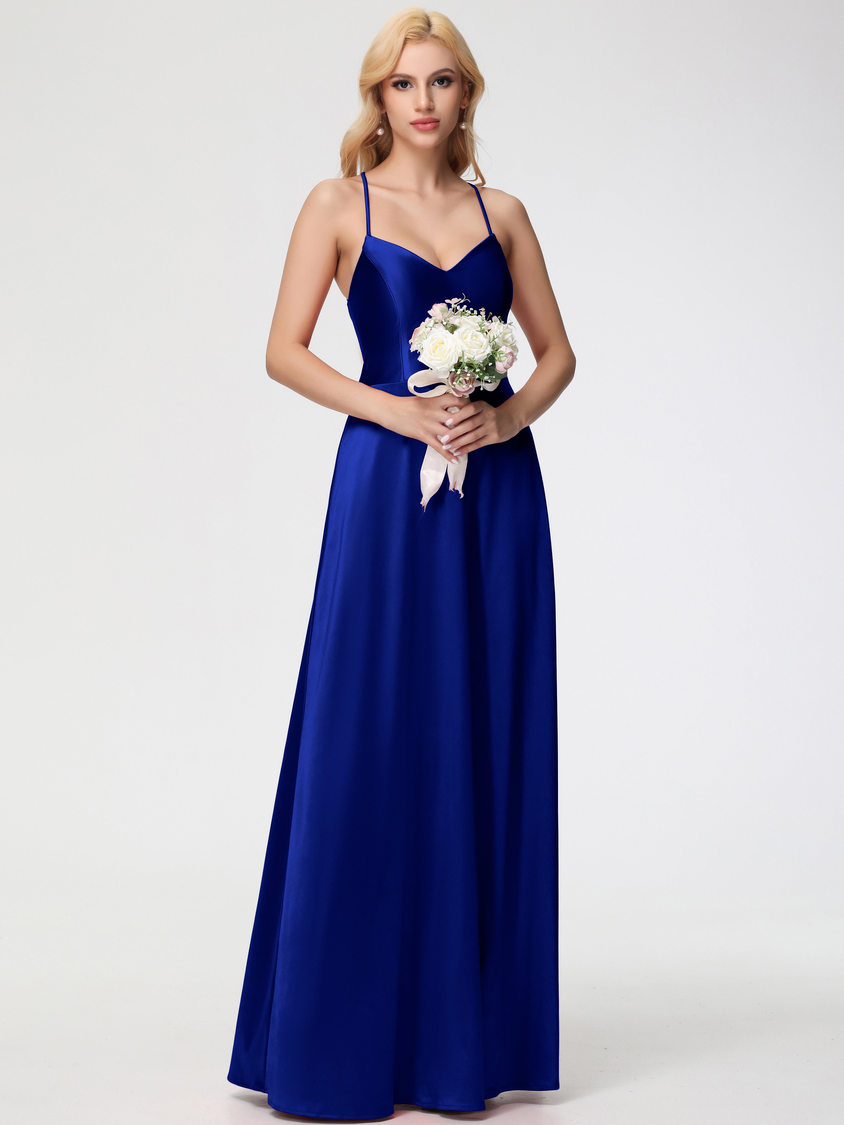 Robes De Demoiselle D'Honneur Bleu Royal Pas Cher Col V Bretelles Croisées Satin Extensible Robe De Demoiselle D'Honneur Robe Plissée