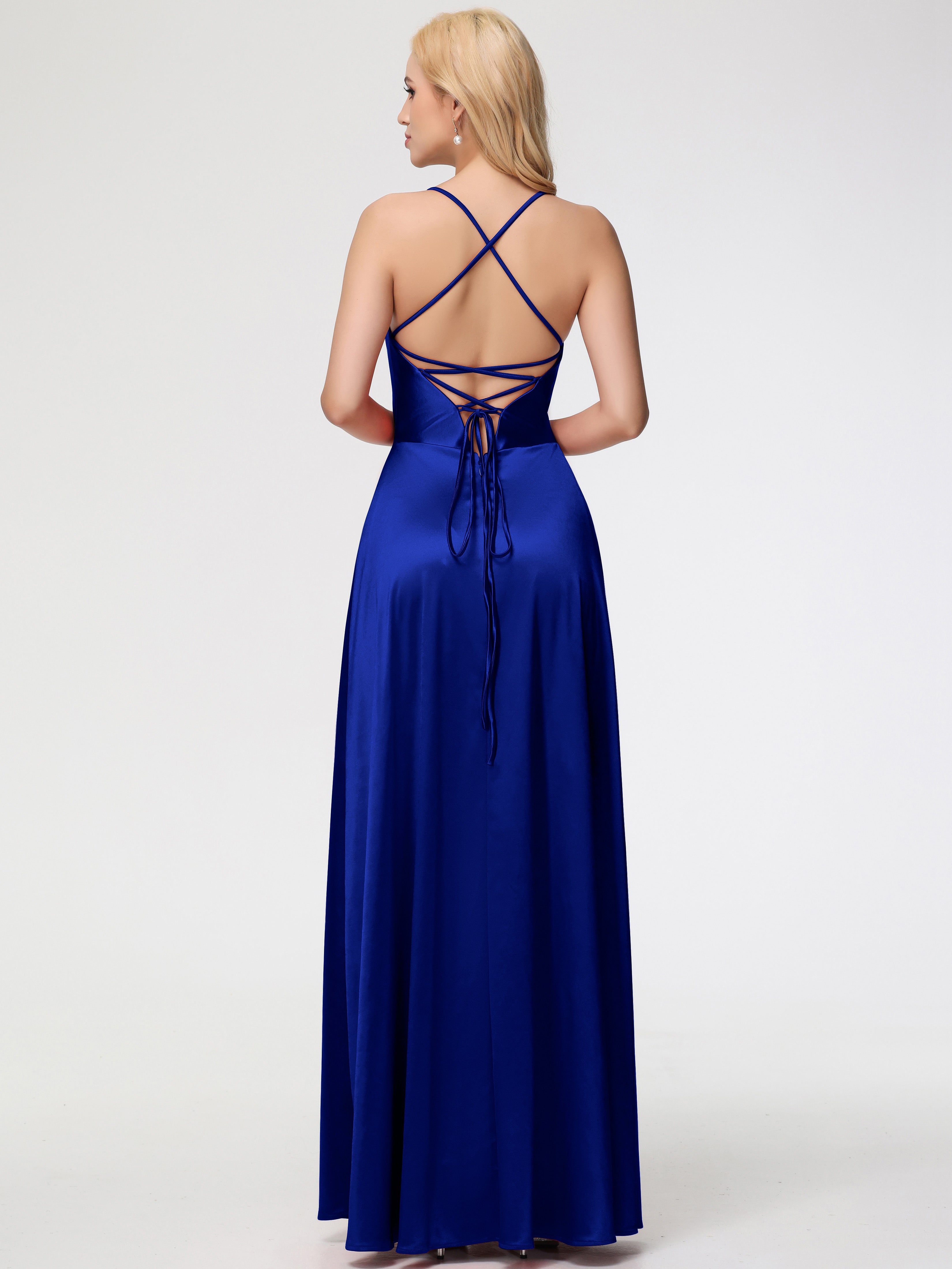 Robes De Demoiselle D'Honneur Bleu Royal Pas Cher Col V Bretelles Croisées Satin Extensible Robe De Demoiselle D'Honneur Robe Plissée