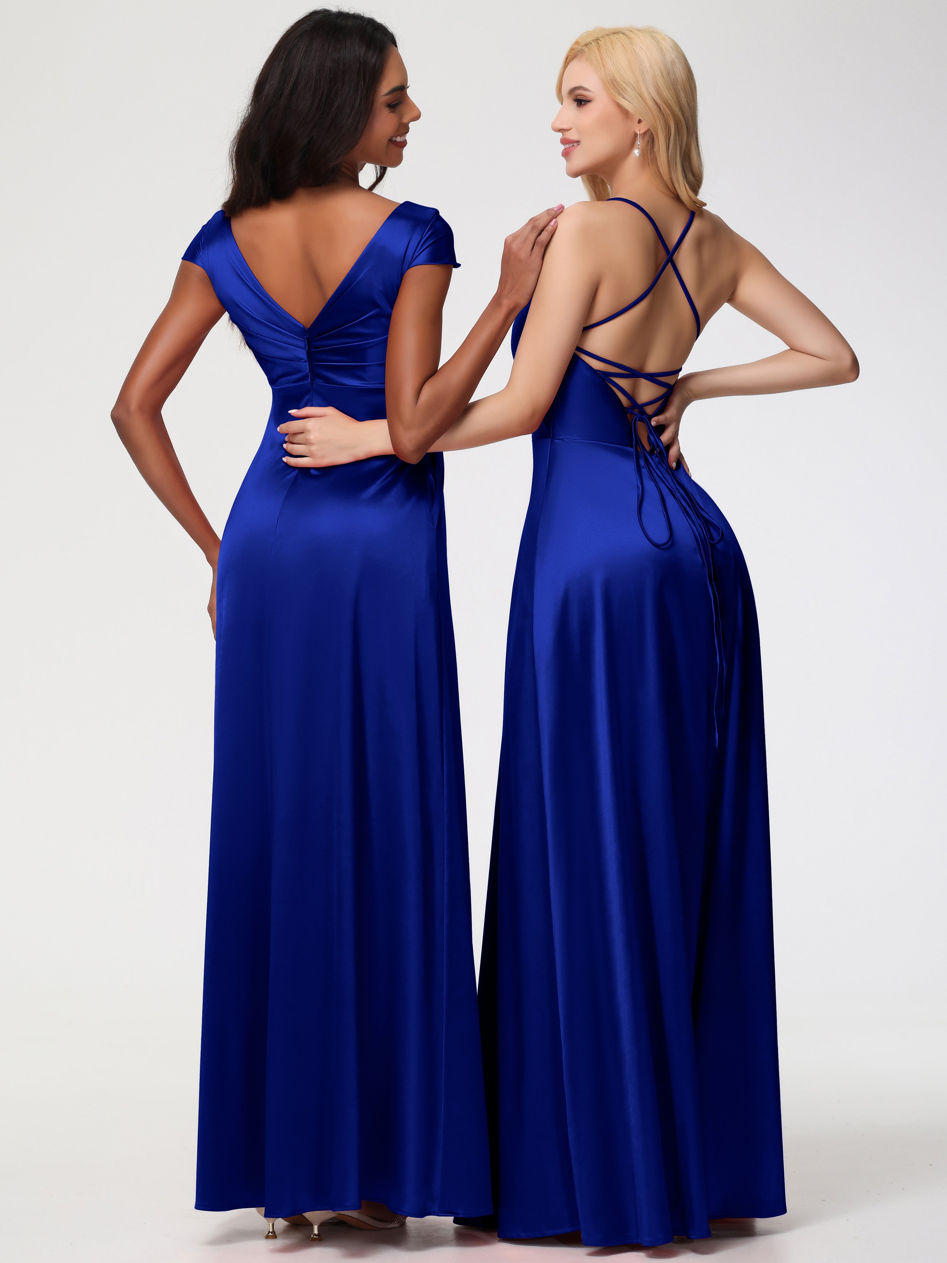 Robes De Demoiselle D'Honneur Bleu Royal Pas Cher Col V Bretelles Croisées Satin Extensible Robe De Demoiselle D'Honneur Robe Plissée