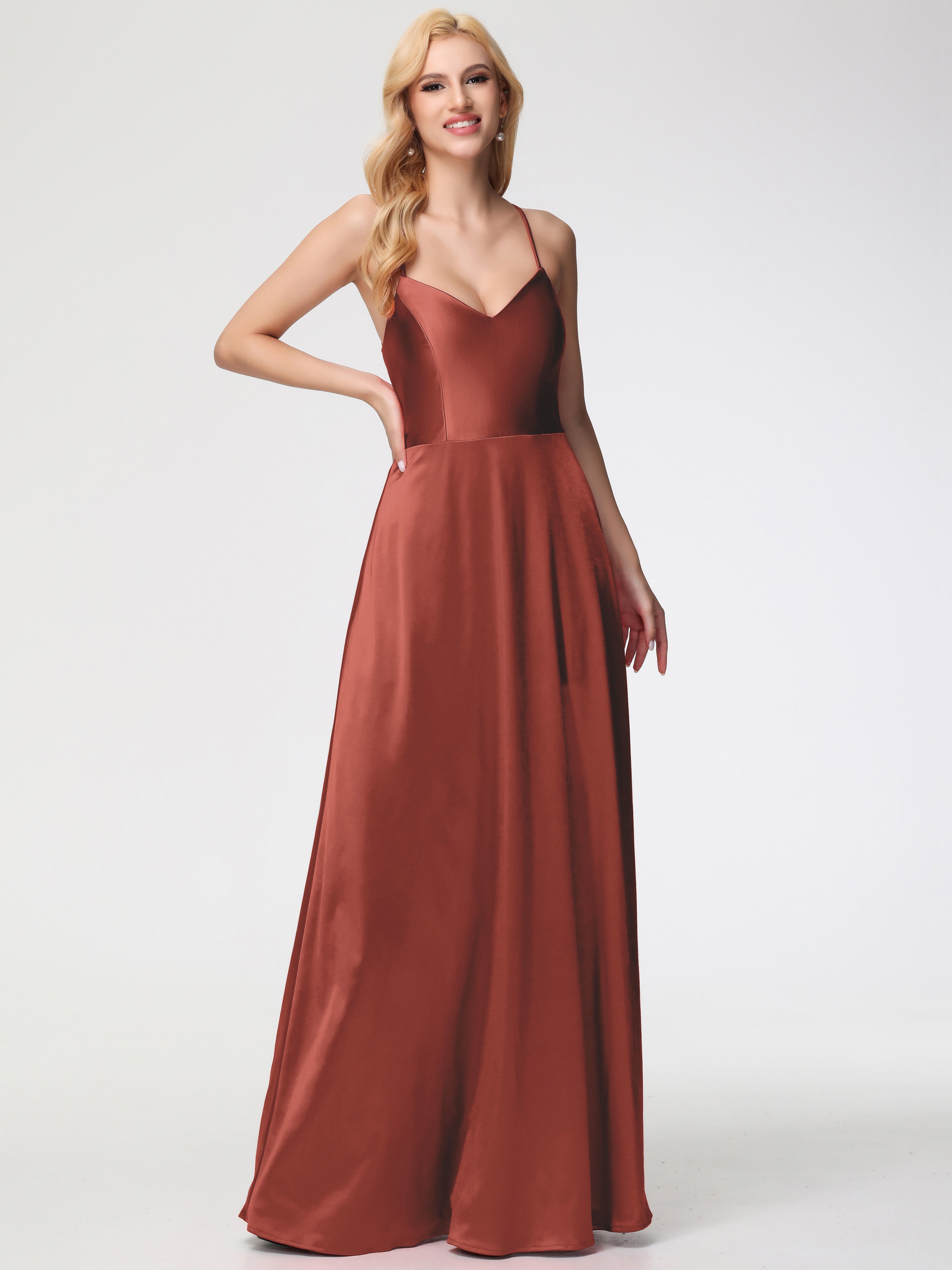 Robes De Demoiselle D'Honneur Rouille Bon Marché Col V Bretelles Croisées Satin Extensible Robe De Demoiselle D'Honneur Robe Plissée