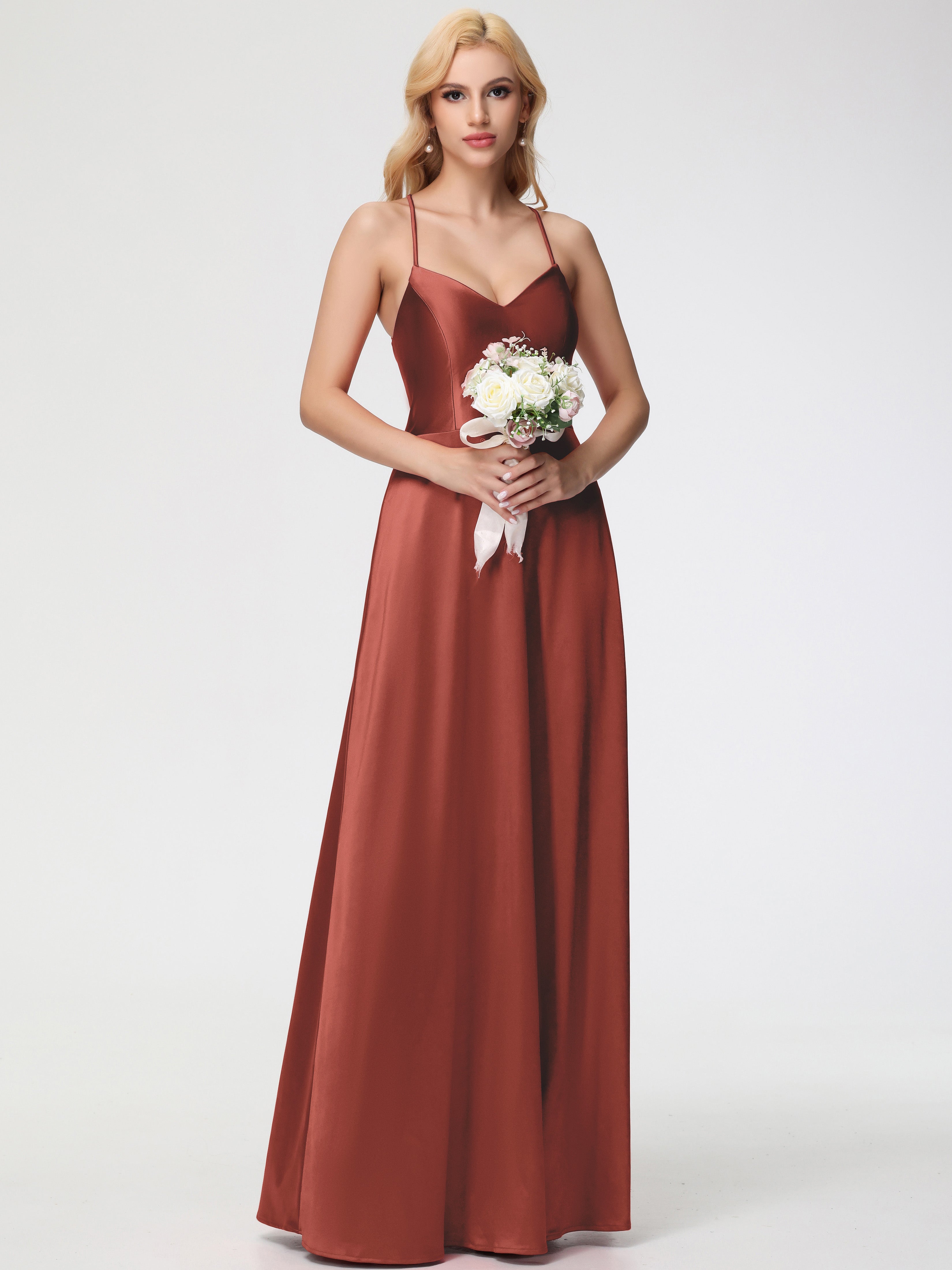 Robes De Demoiselle D'Honneur Rouille Bon Marché Col V Bretelles Croisées Satin Extensible Robe De Demoiselle D'Honneur Robe Plissée