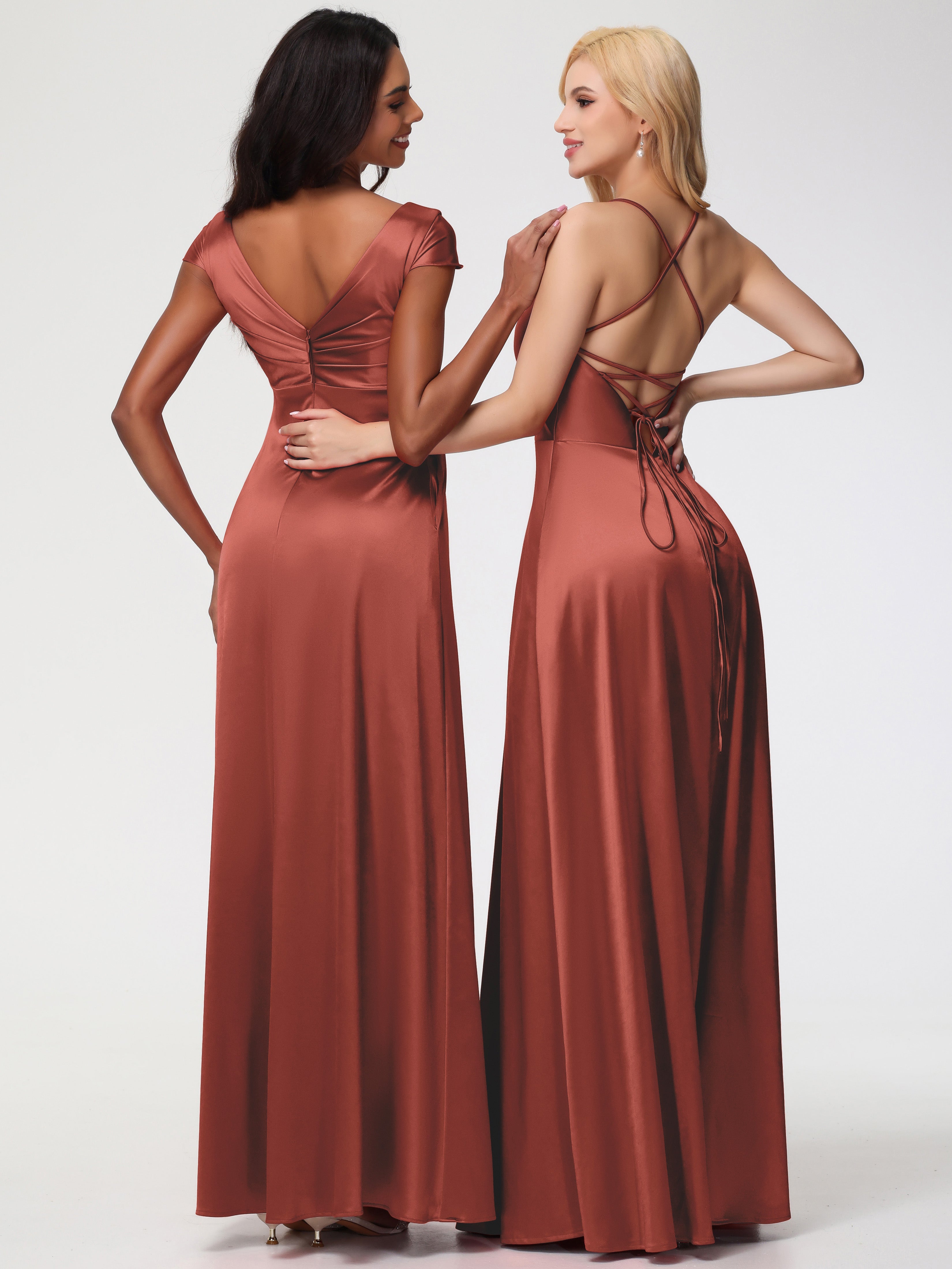 Robes De Demoiselle D'Honneur Rouille Bon Marché Col V Bretelles Croisées Satin Extensible Robe De Demoiselle D'Honneur Robe Plissée