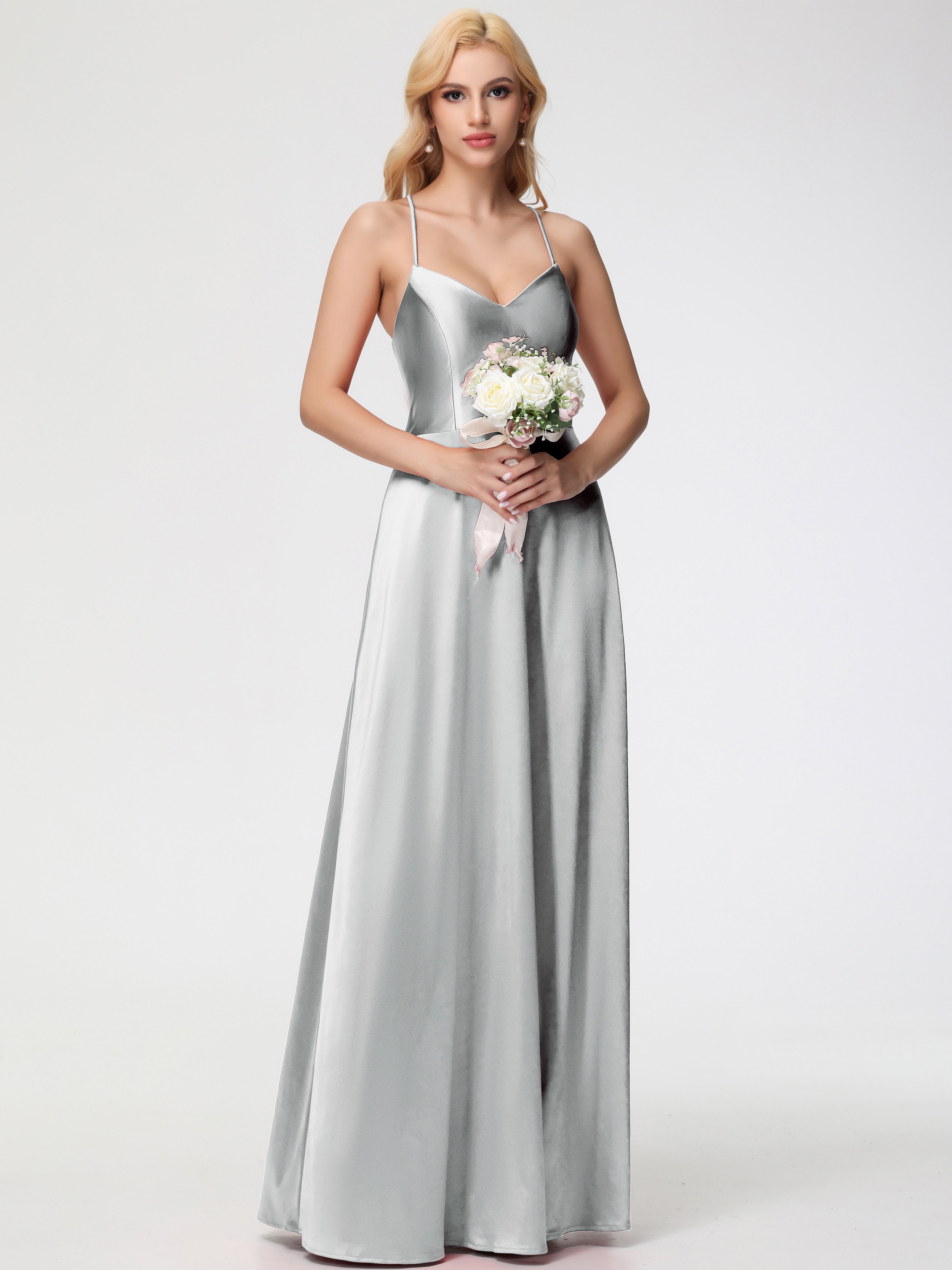 Robes De Demoiselle D'Honneur En Argent Col V Bretelles Croisées Satin Extensible Robe De Demoiselle D'Honneur Robe Plissée