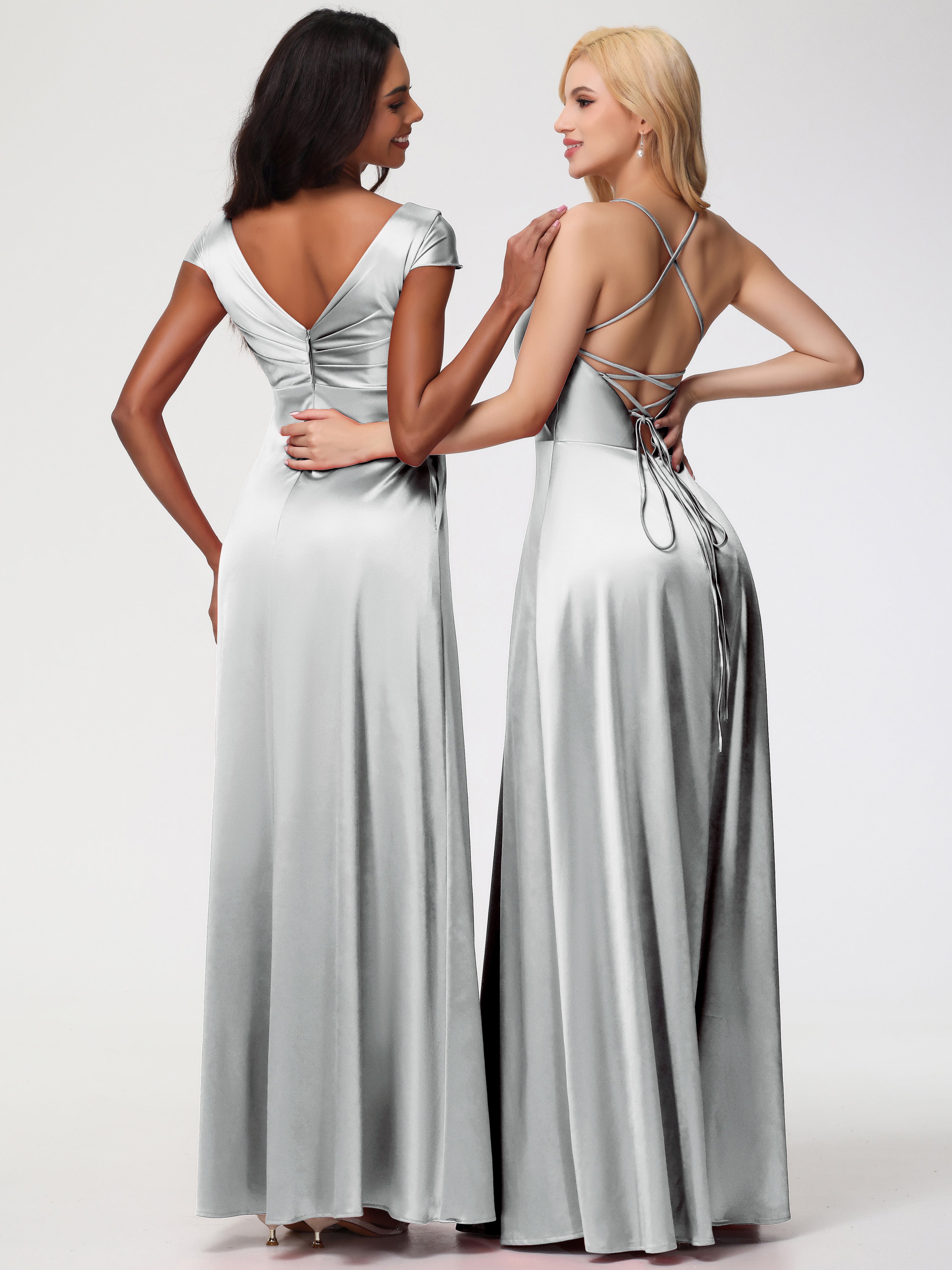 Robes De Demoiselle D'Honneur En Argent Col V Bretelles Croisées Satin Extensible Robe De Demoiselle D'Honneur Robe Plissée