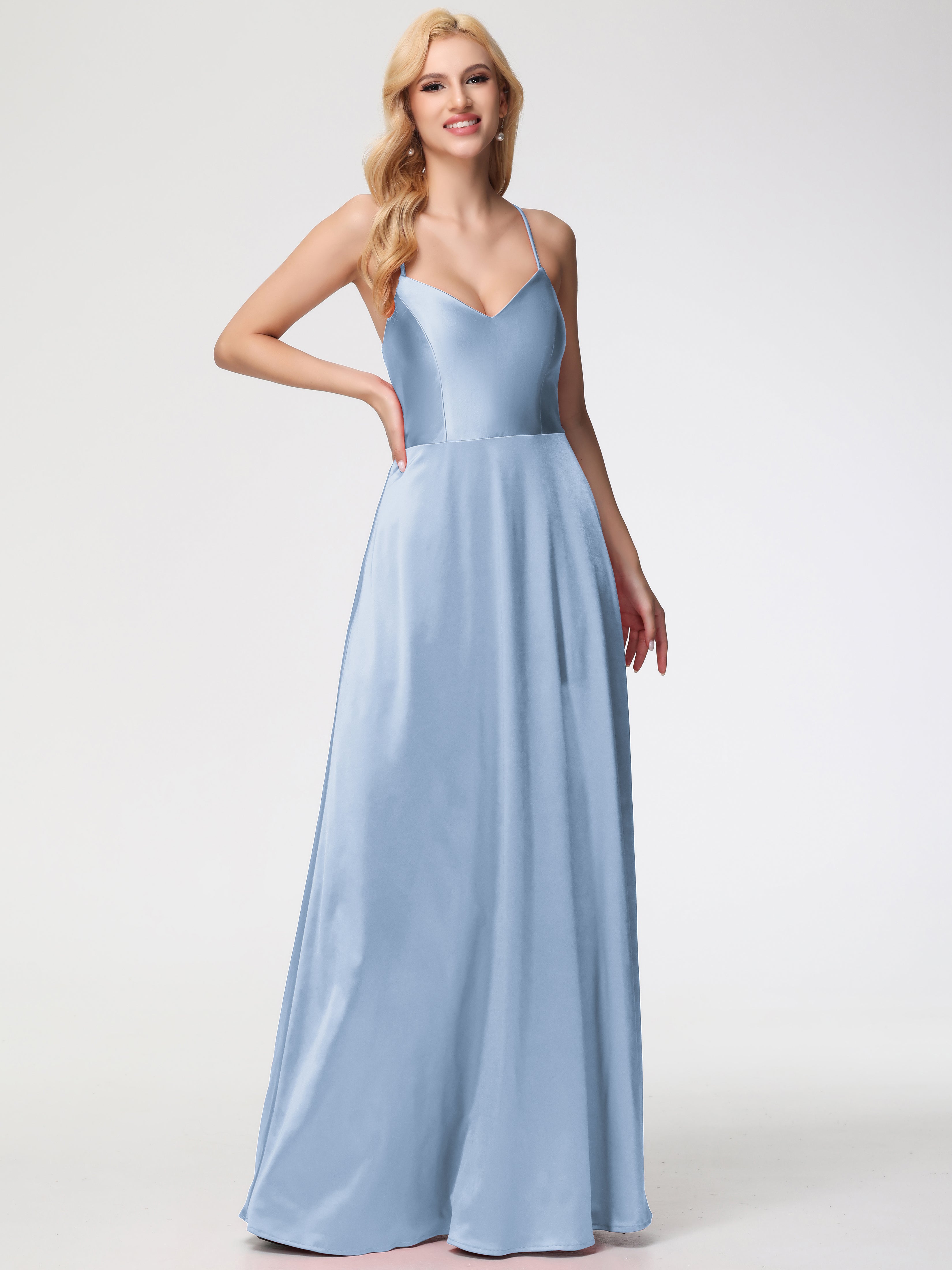 Robes De Demoiselle D'Honneur Bleu Ciel Col V Bretelles Croisées Satin Extensible Robe De Demoiselle D'Honneur Robe Plissée