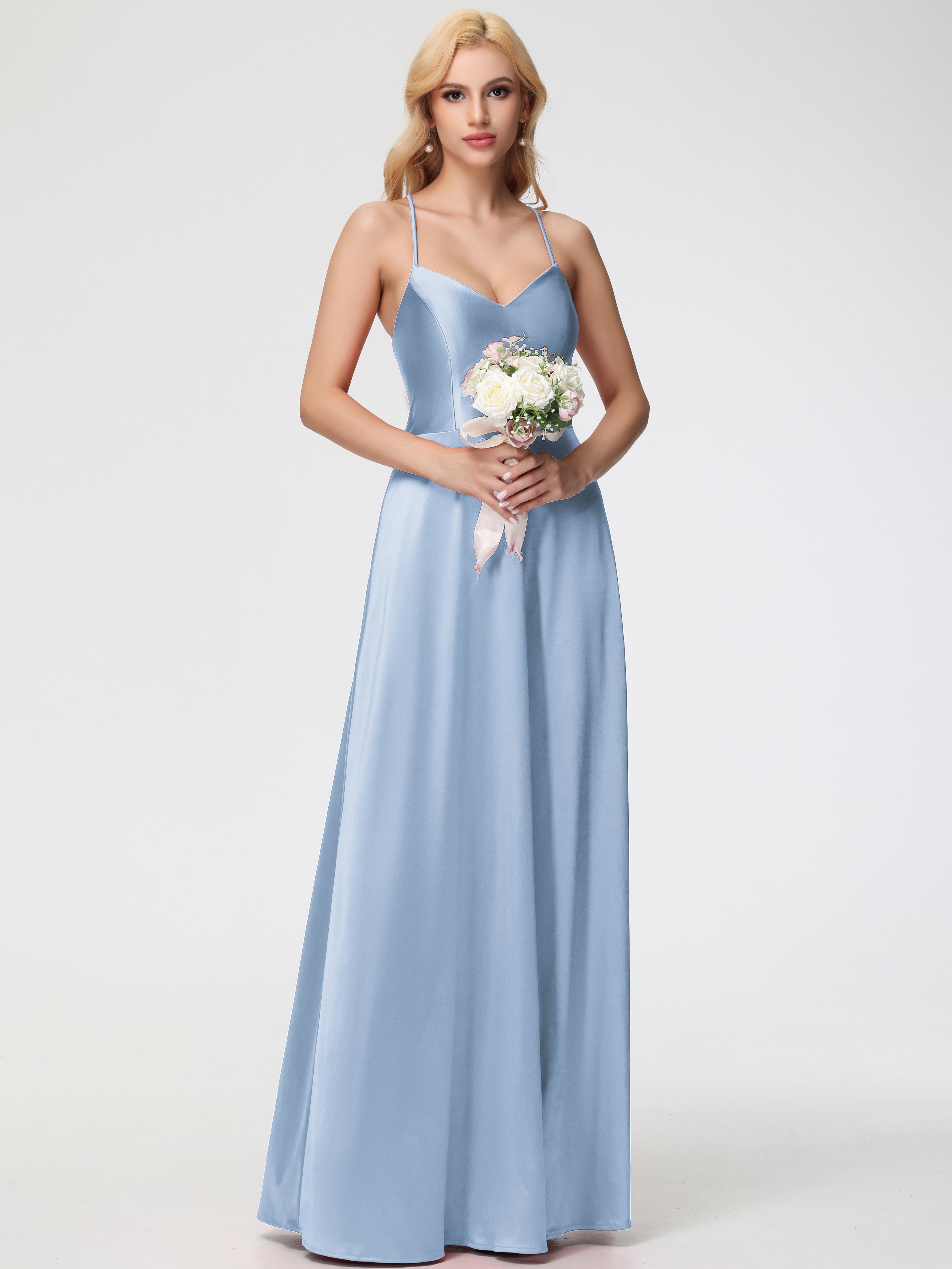 Robes De Demoiselle D'Honneur Bleu Ciel Col V Bretelles Croisées Satin Extensible Robe De Demoiselle D'Honneur Robe Plissée