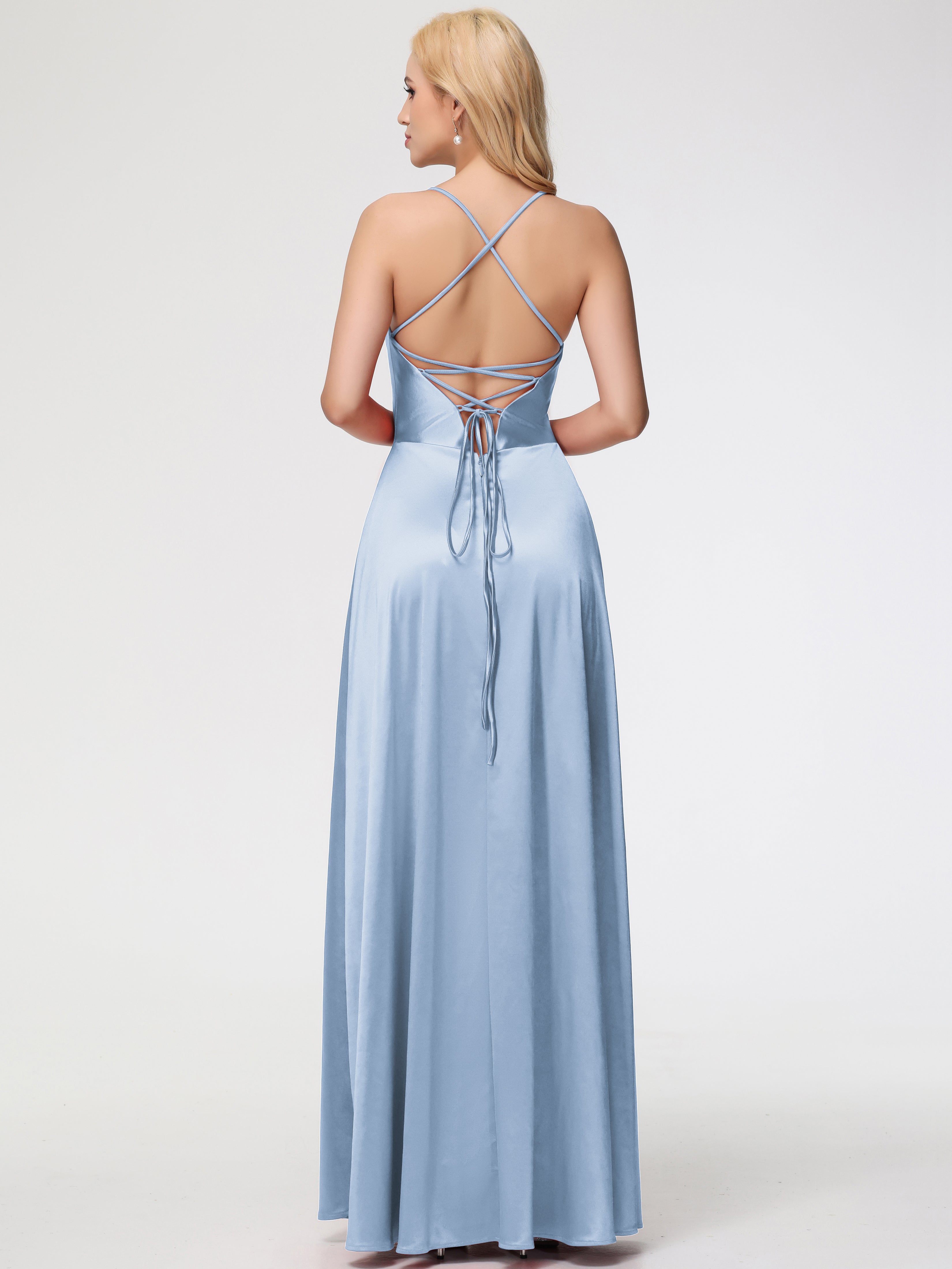 Robes De Demoiselle D'Honneur Bleu Ciel Col V Bretelles Croisées Satin Extensible Robe De Demoiselle D'Honneur Robe Plissée