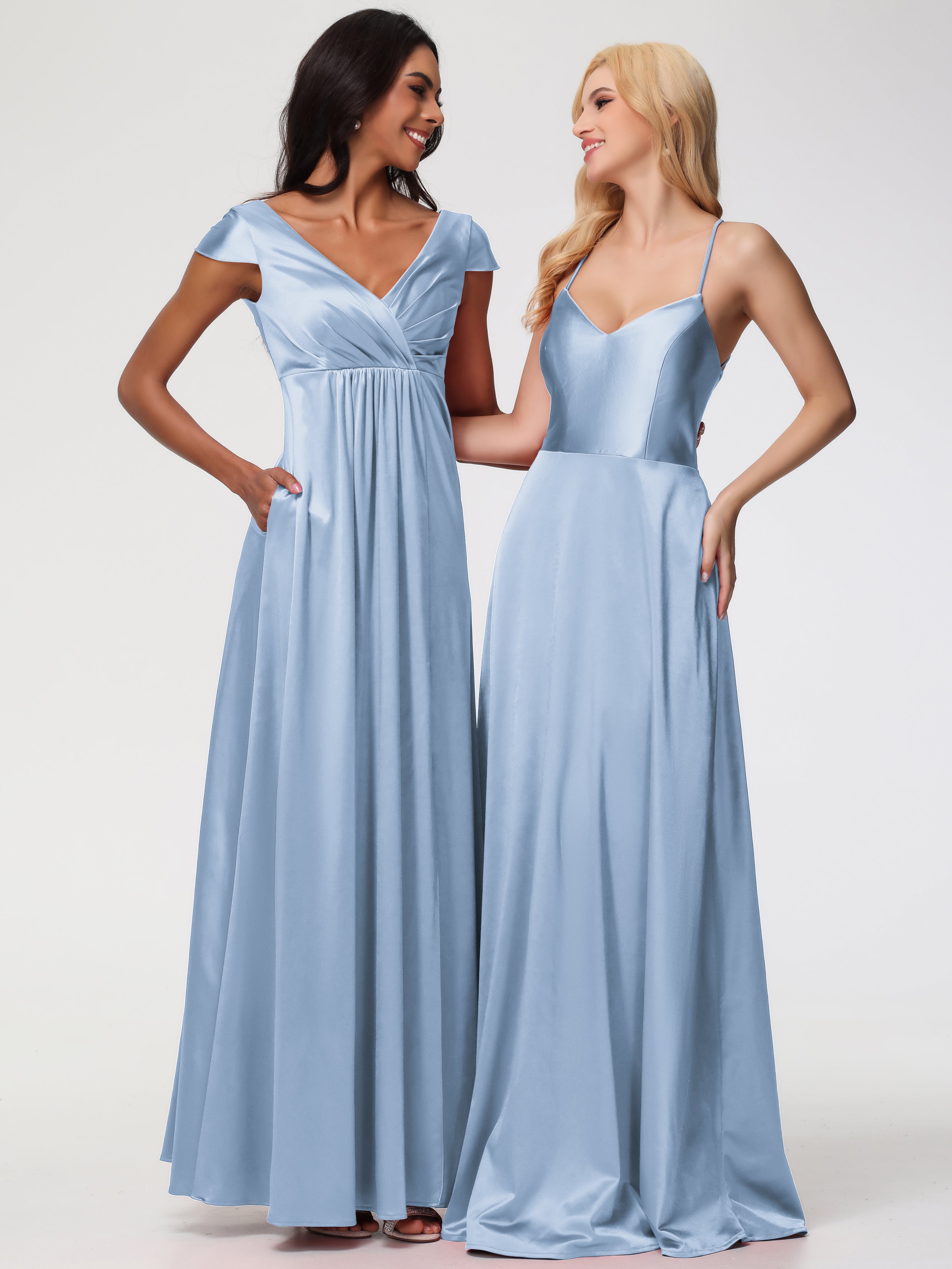 Robes De Demoiselle D'Honneur Bleu Ciel Col V Bretelles Croisées Satin Extensible Robe De Demoiselle D'Honneur Robe Plissée