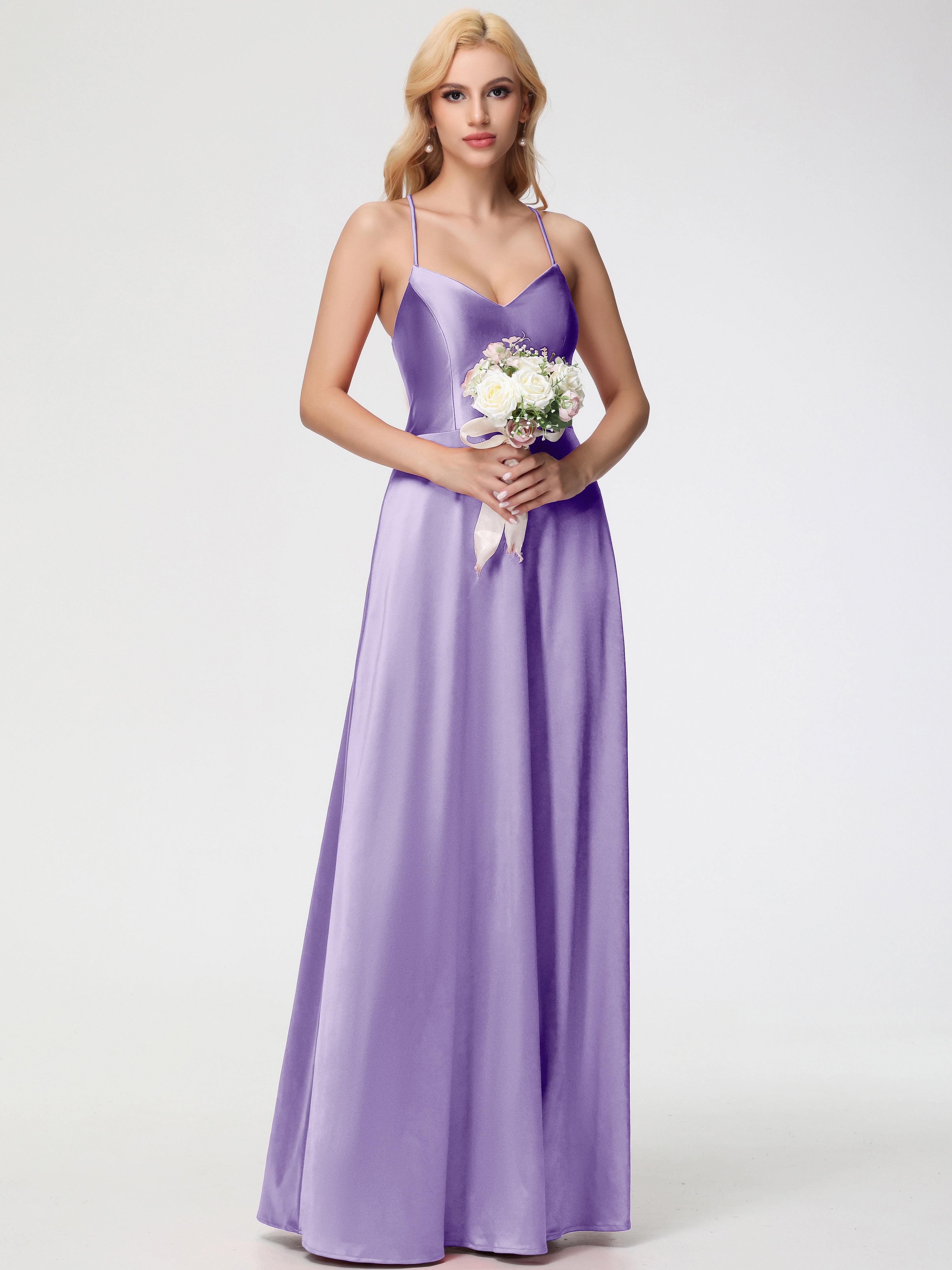 Robes De Demoiselle D'Honneur Tahiti Col V Bretelles Croisées Satin Extensible Robe De Demoiselle D'Honneur Robe Plissée