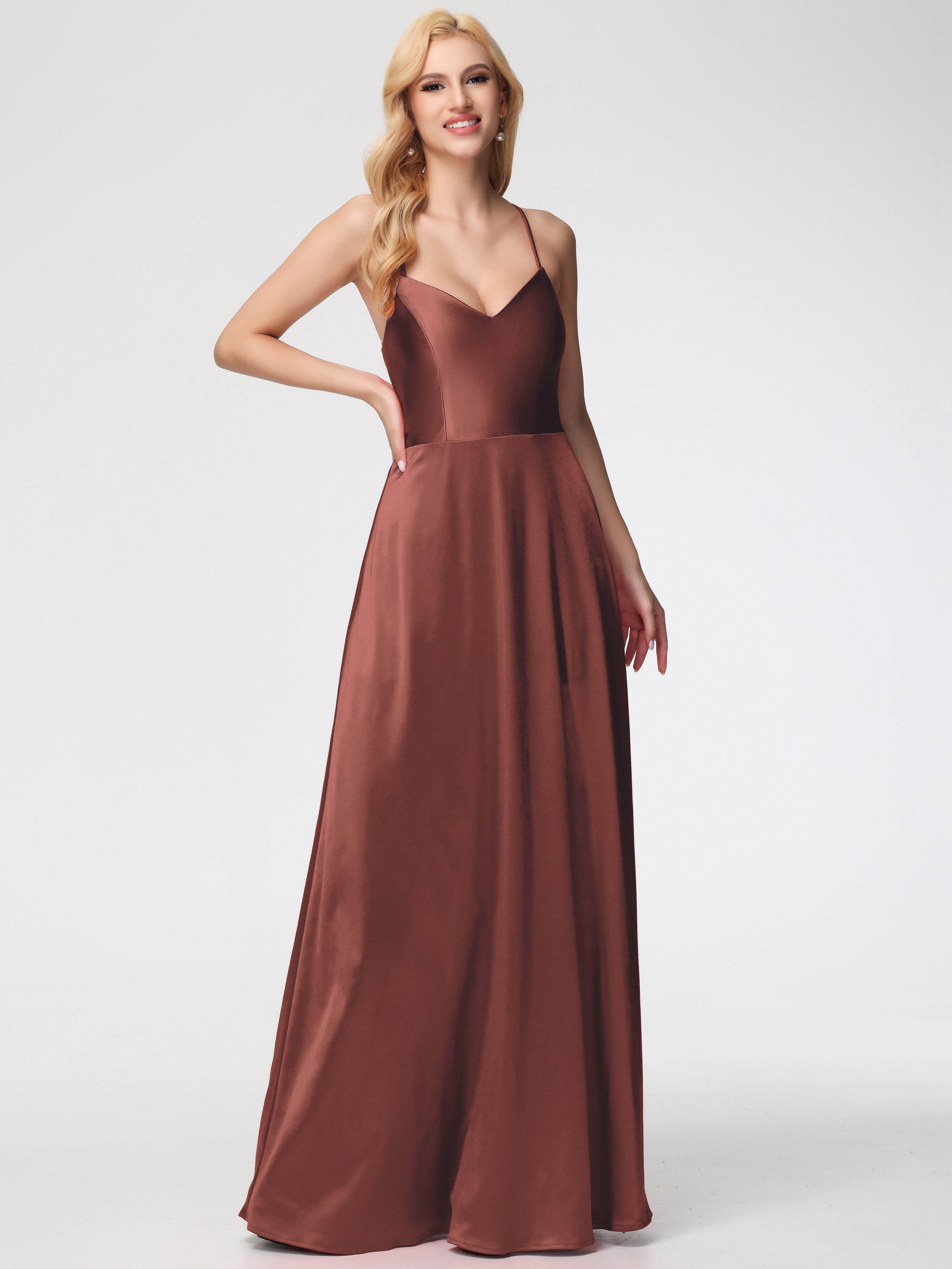 Robes De Demoiselle D'Honneur En Terre Cuite Col V Bretelles Croisées Satin Extensible Robe De Demoiselle D'Honneur Robe Plissée