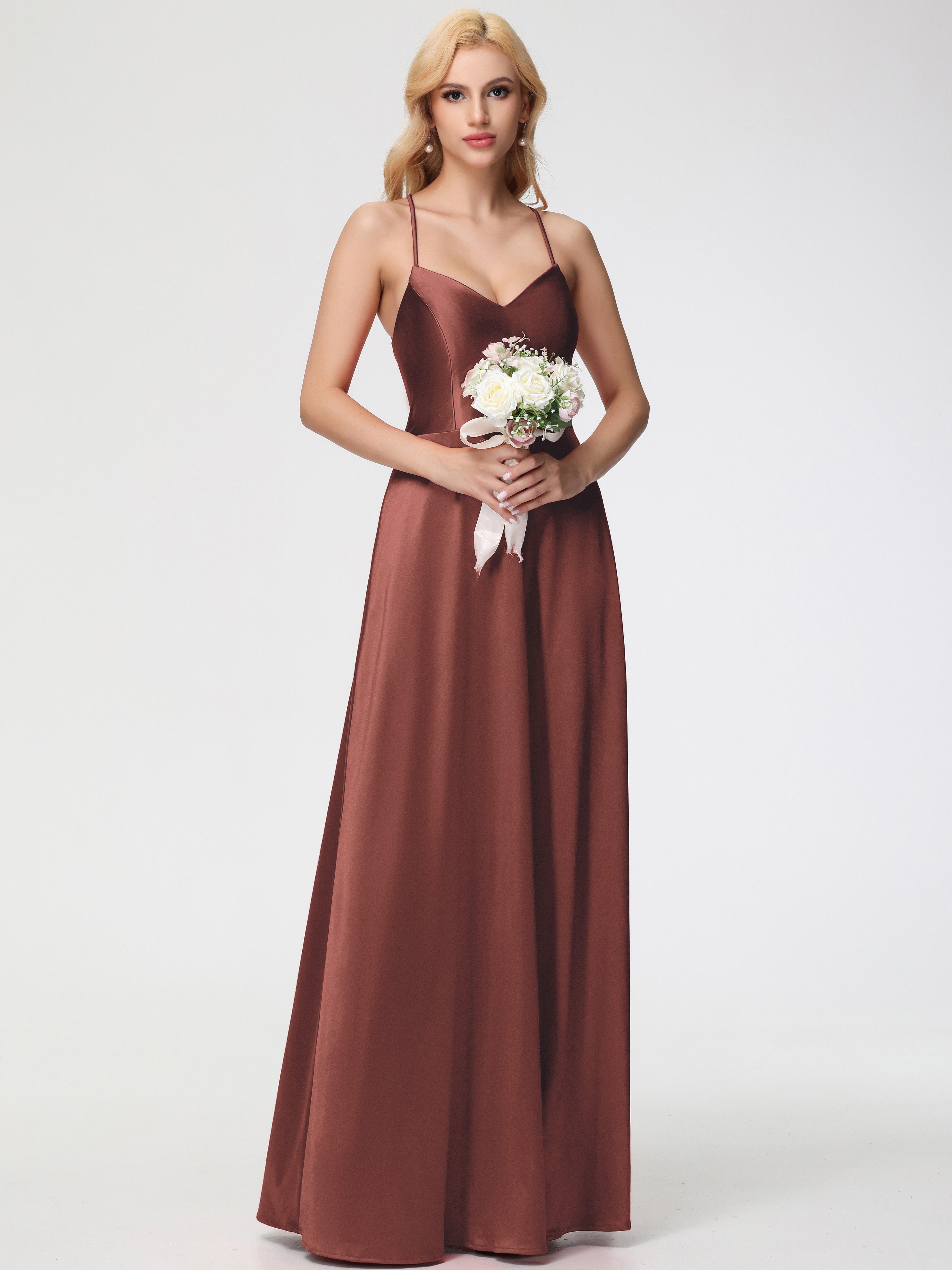 Robes De Demoiselle D'Honneur En Terre Cuite Col V Bretelles Croisées Satin Extensible Robe De Demoiselle D'Honneur Robe Plissée