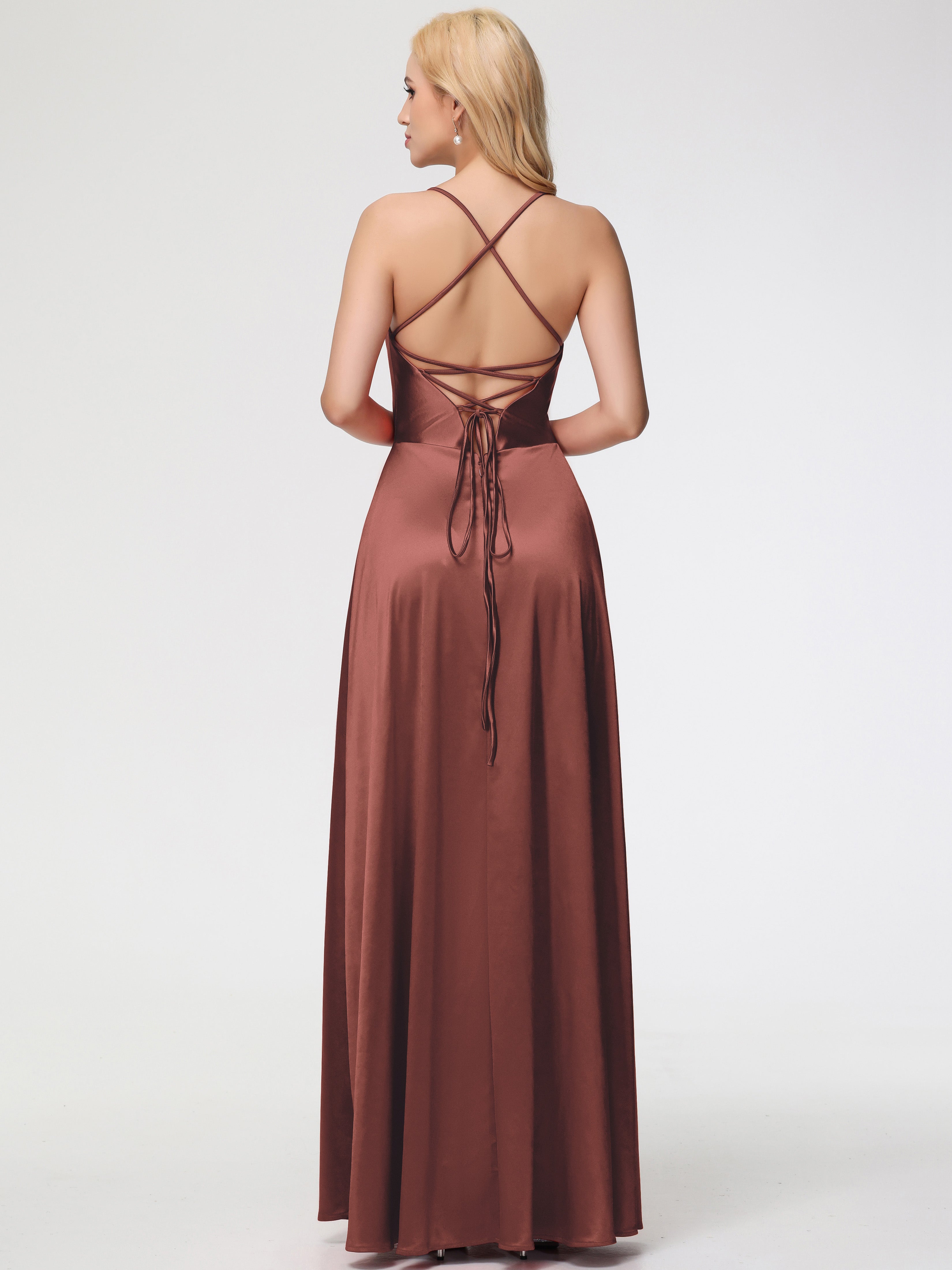 Robes De Demoiselle D'Honneur En Terre Cuite Col V Bretelles Croisées Satin Extensible Robe De Demoiselle D'Honneur Robe Plissée
