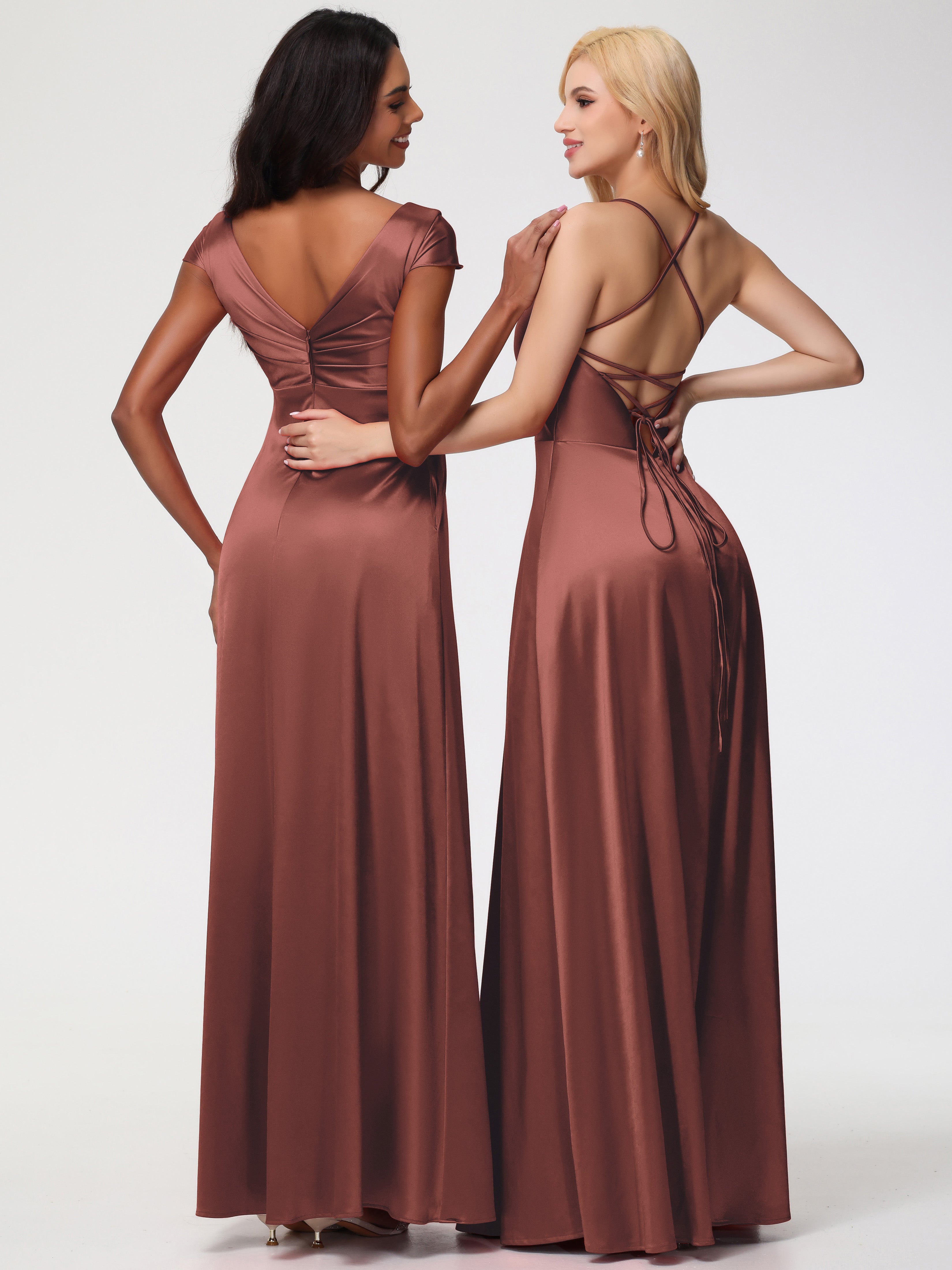 Robes De Demoiselle D'Honneur En Terre Cuite Col V Bretelles Croisées Satin Extensible Robe De Demoiselle D'Honneur Robe Plissée