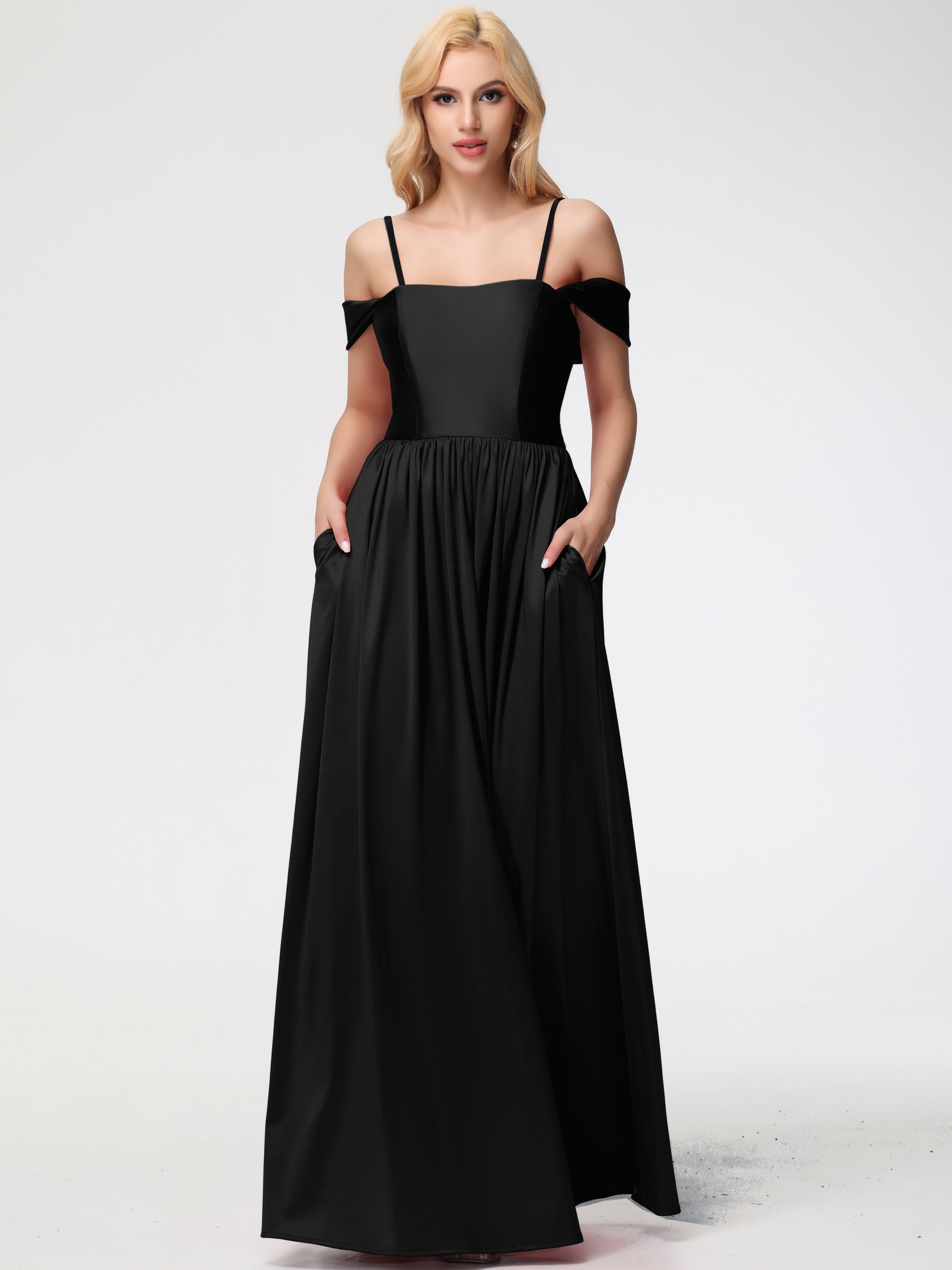Longues Robes De Demoiselle D'Honneur Noires épaule Dénudée Satin Extensible Robe De Demoiselle D'Honneur Robe à Bretelles Amovibles
