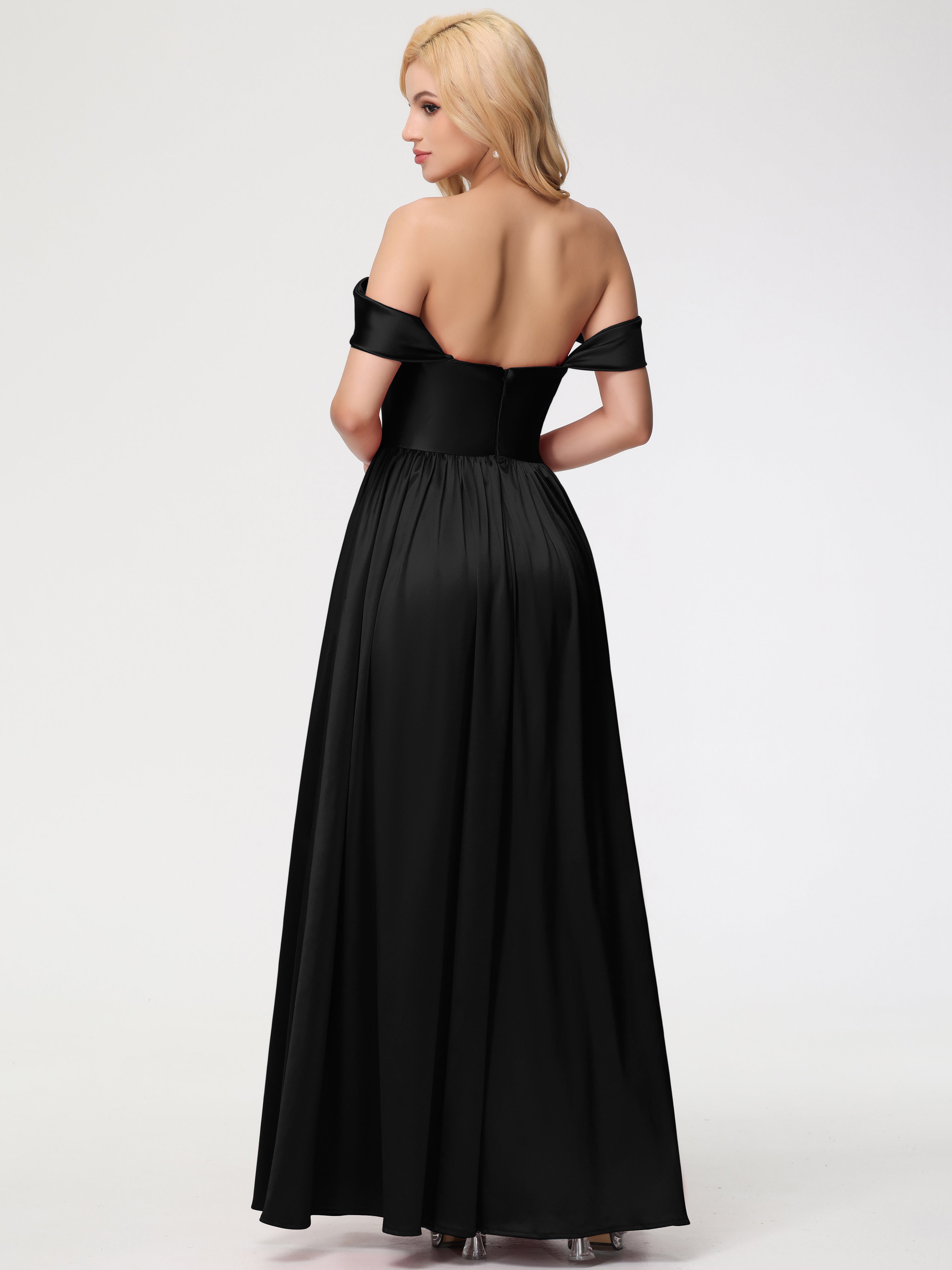 Longues Robes De Demoiselle D'Honneur Noires épaule Dénudée Satin Extensible Robe De Demoiselle D'Honneur Robe à Bretelles Amovibles