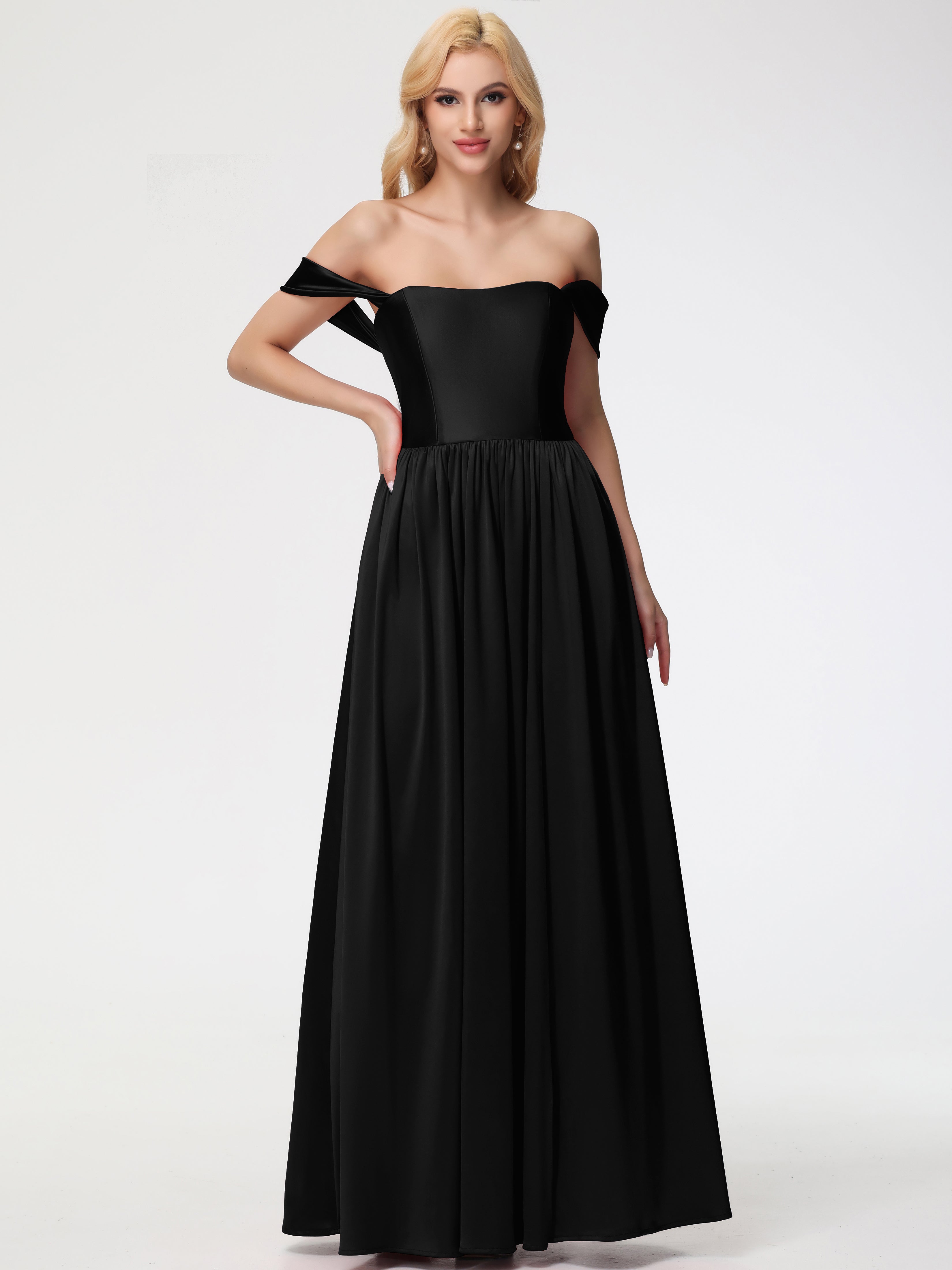 Longues Robes De Demoiselle D'Honneur Noires épaule Dénudée Satin Extensible Robe De Demoiselle D'Honneur Robe à Bretelles Amovibles