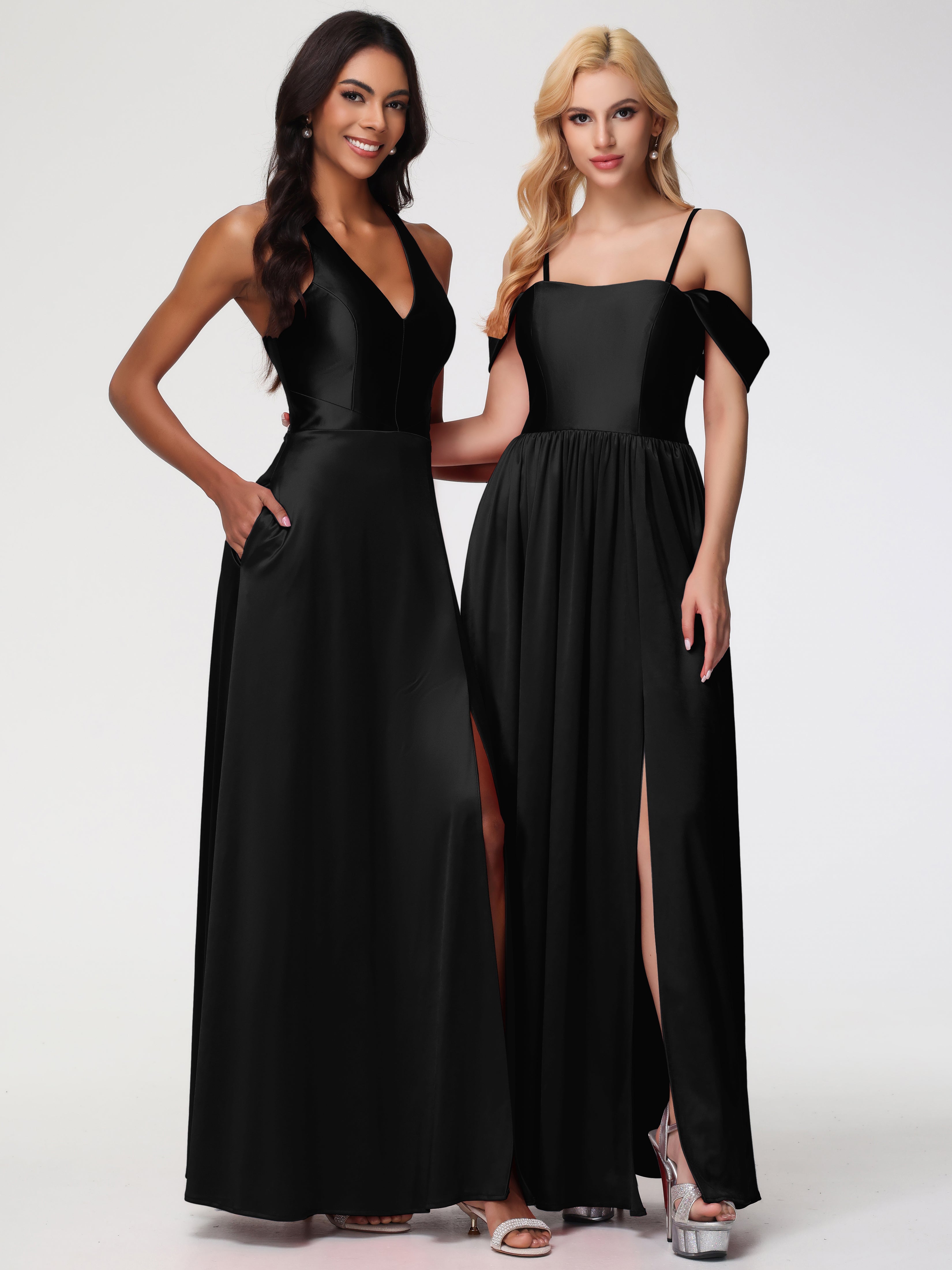 Longues Robes De Demoiselle D'Honneur Noires épaule Dénudée Satin Extensible Robe De Demoiselle D'Honneur Robe à Bretelles Amovibles