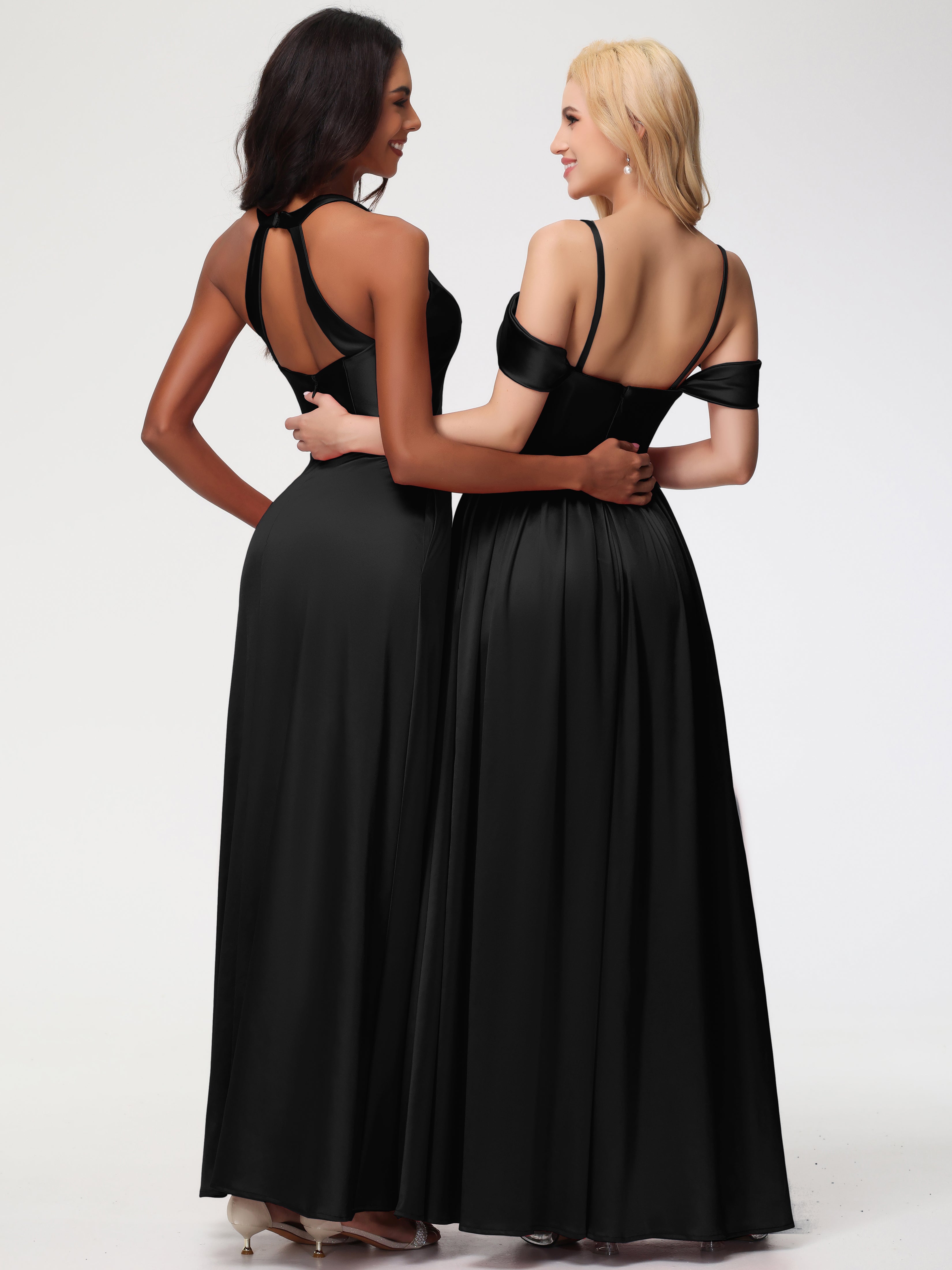 Longues Robes De Demoiselle D'Honneur Noires épaule Dénudée Satin Extensible Robe De Demoiselle D'Honneur Robe à Bretelles Amovibles