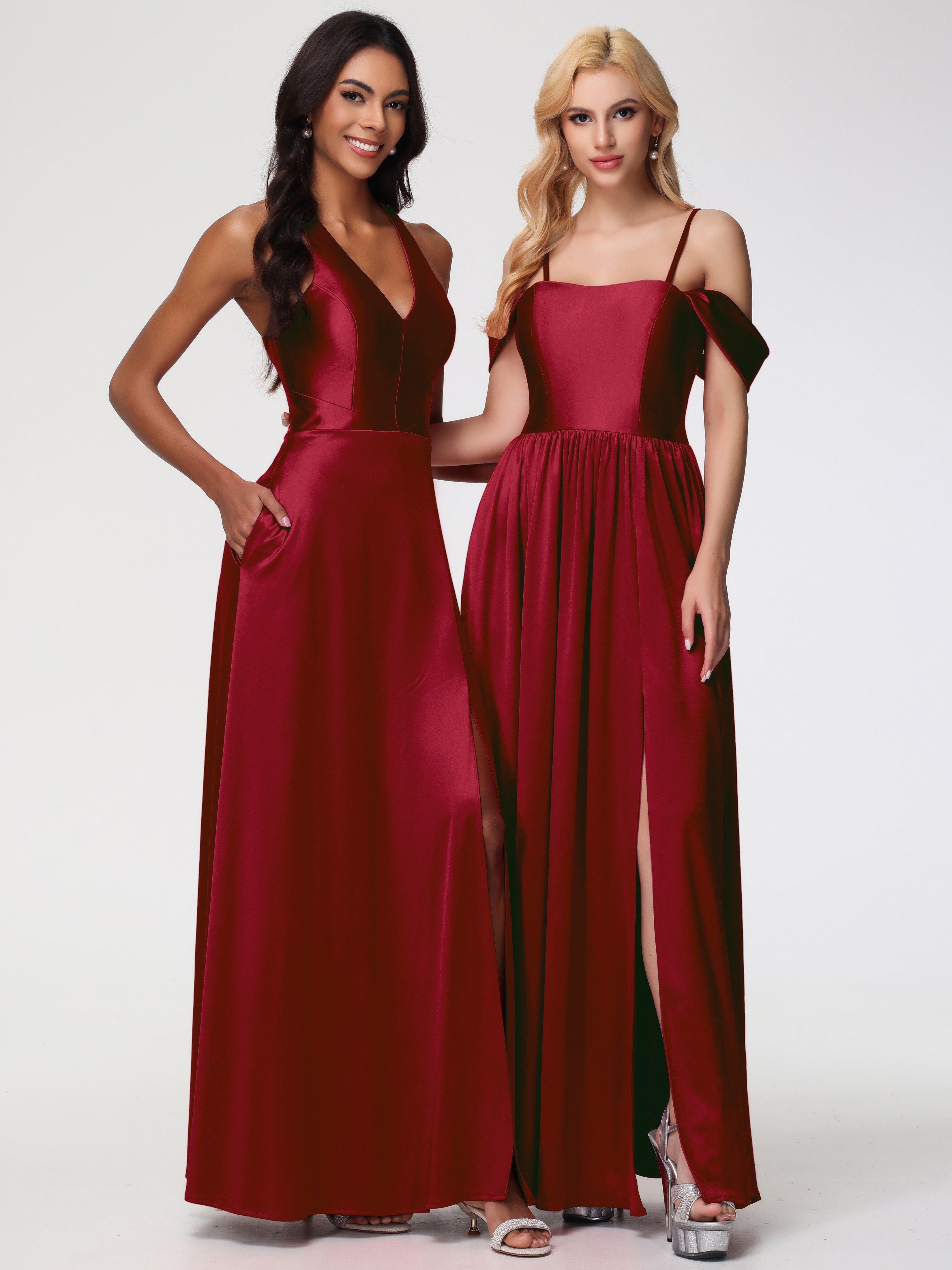 Robes De Demoiselle D'Honneur Rouge Bordeaux épaule Dénudée Satin Extensible Robe De Demoiselle D'Honneur Robe à Bretelles Amovibles