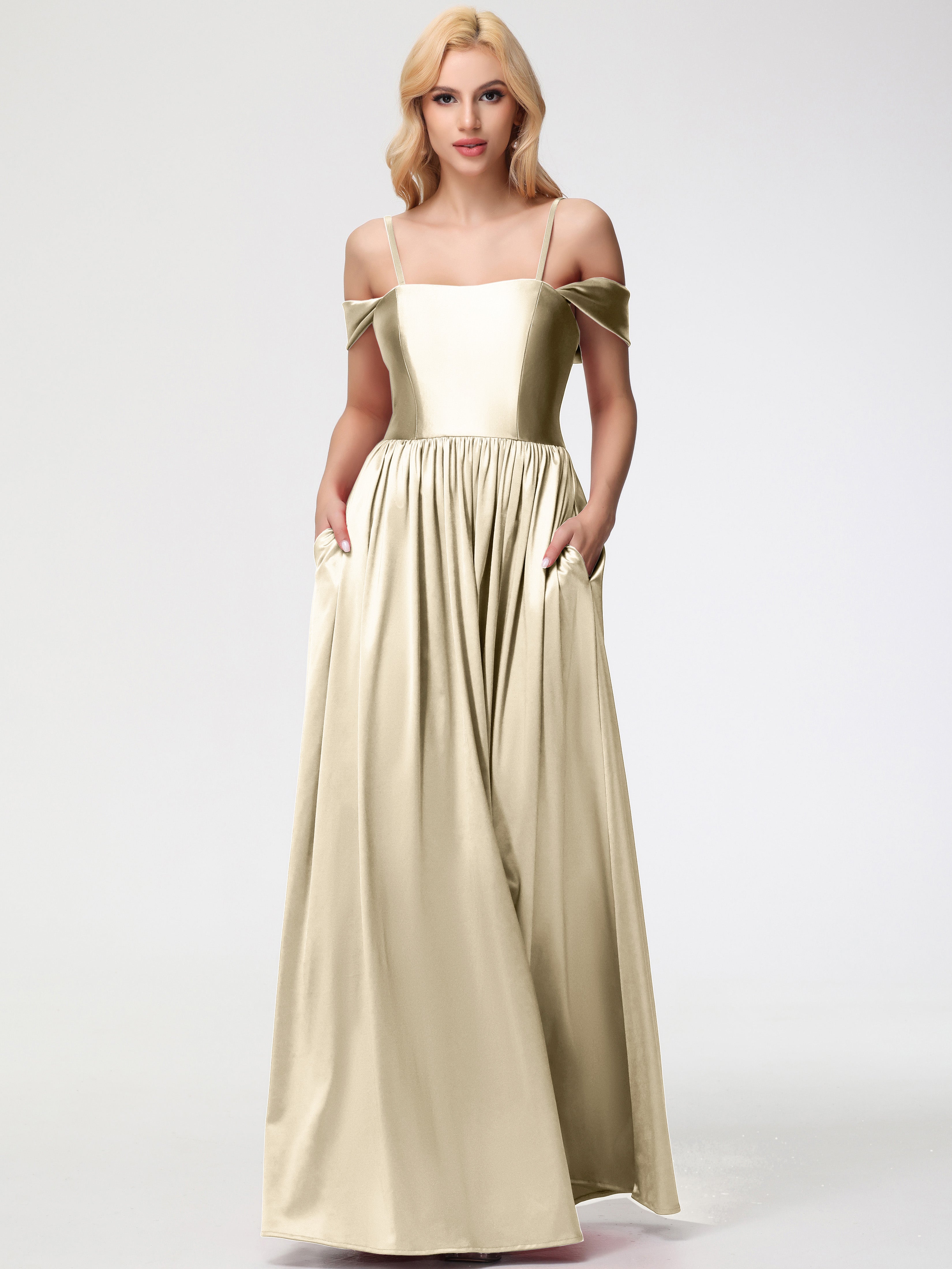 Robes De Demoiselle D'Honneur Champagne épaule Dénudée Satin Extensible Robe De Demoiselle D'Honneur Robe à Bretelles Amovibles