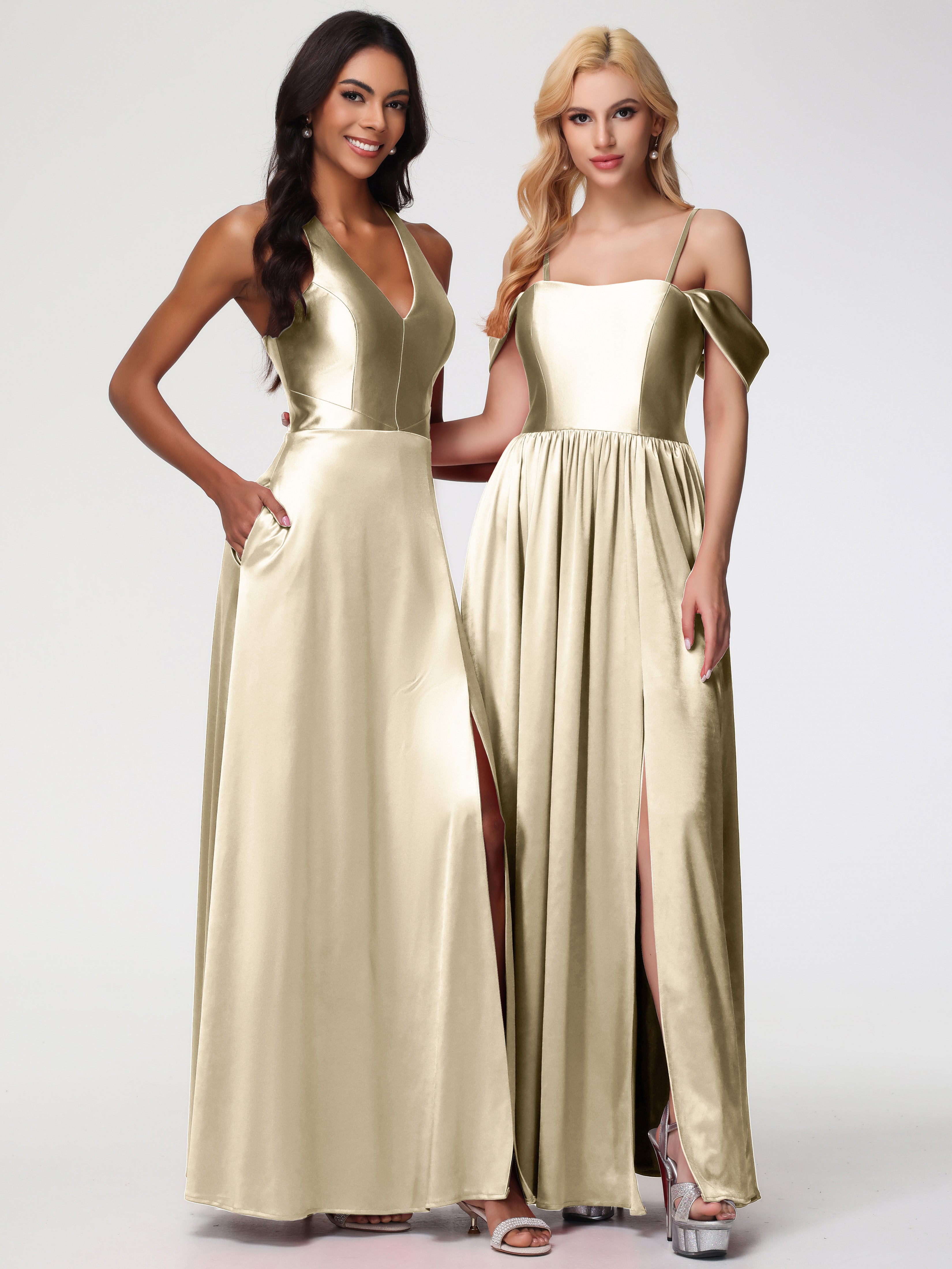 Robes De Demoiselle D'Honneur Champagne épaule Dénudée Satin Extensible Robe De Demoiselle D'Honneur Robe à Bretelles Amovibles