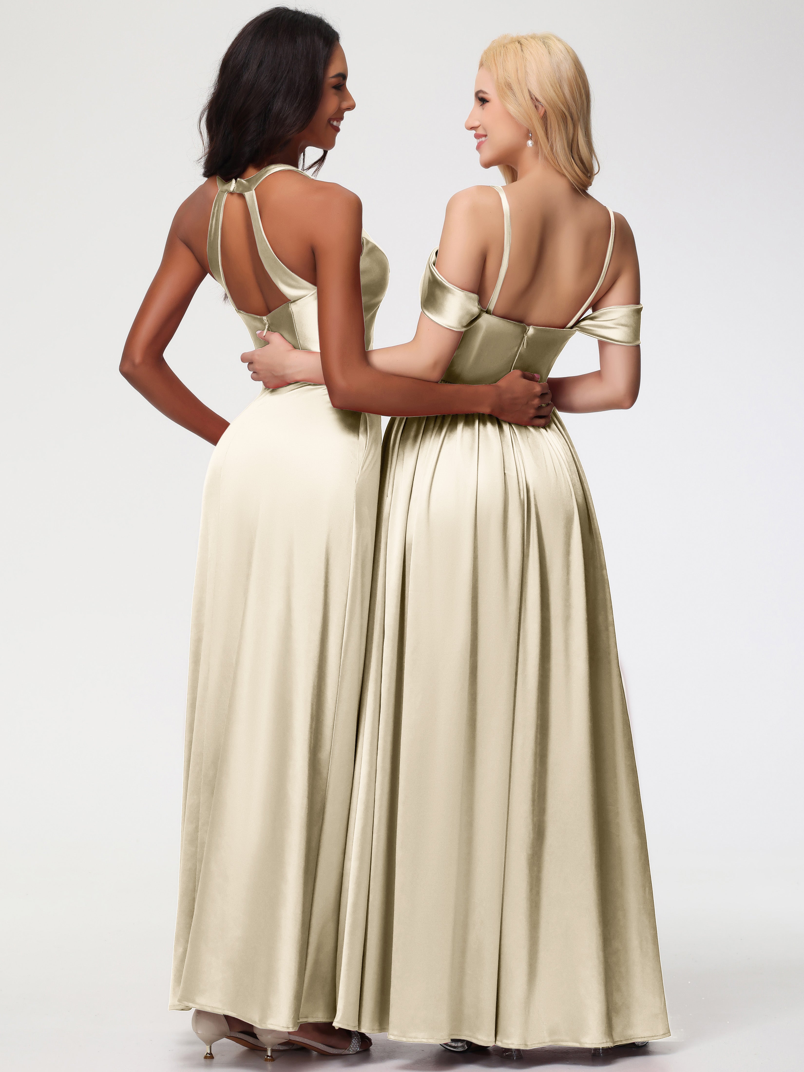 Robes De Demoiselle D'Honneur Champagne épaule Dénudée Satin Extensible Robe De Demoiselle D'Honneur Robe à Bretelles Amovibles
