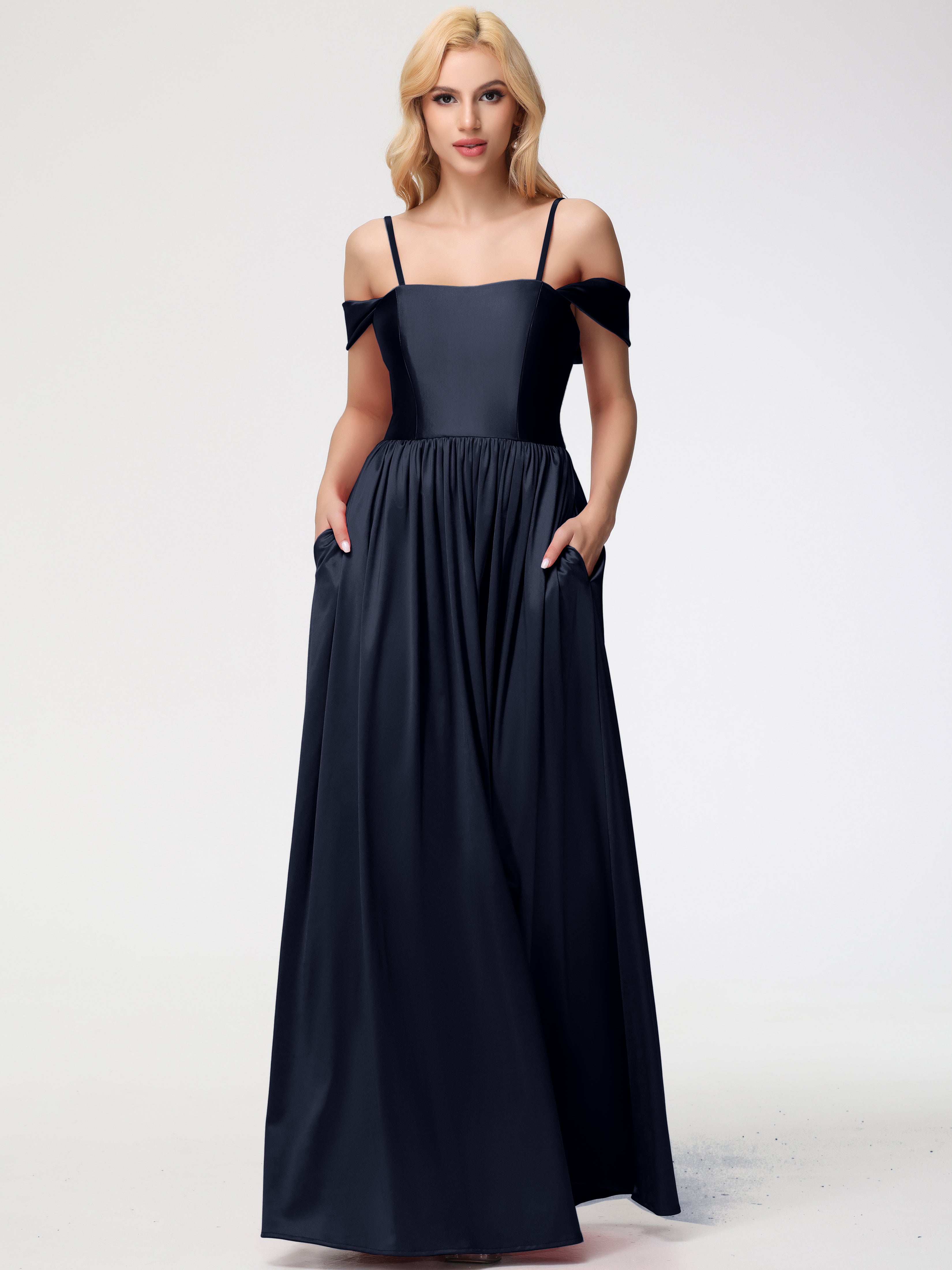 Robes De Demoiselle D'Honneur Bleu Marine Foncé épaule Dénudée Satin Extensible Robe De Demoiselle D'Honneur Robe à Bretelles Amovibles