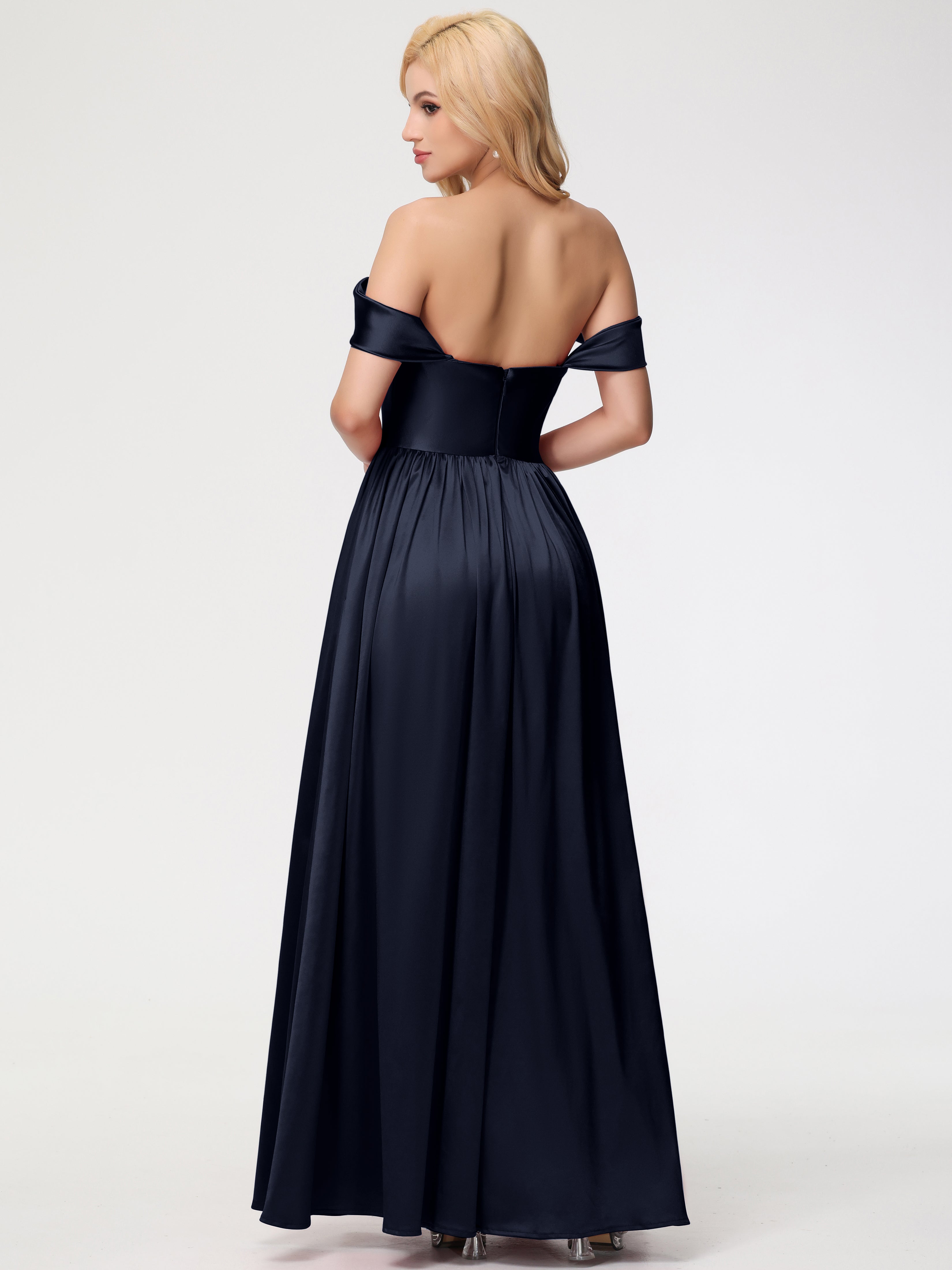 Robes De Demoiselle D'Honneur Bleu Marine Foncé épaule Dénudée Satin Extensible Robe De Demoiselle D'Honneur Robe à Bretelles Amovibles