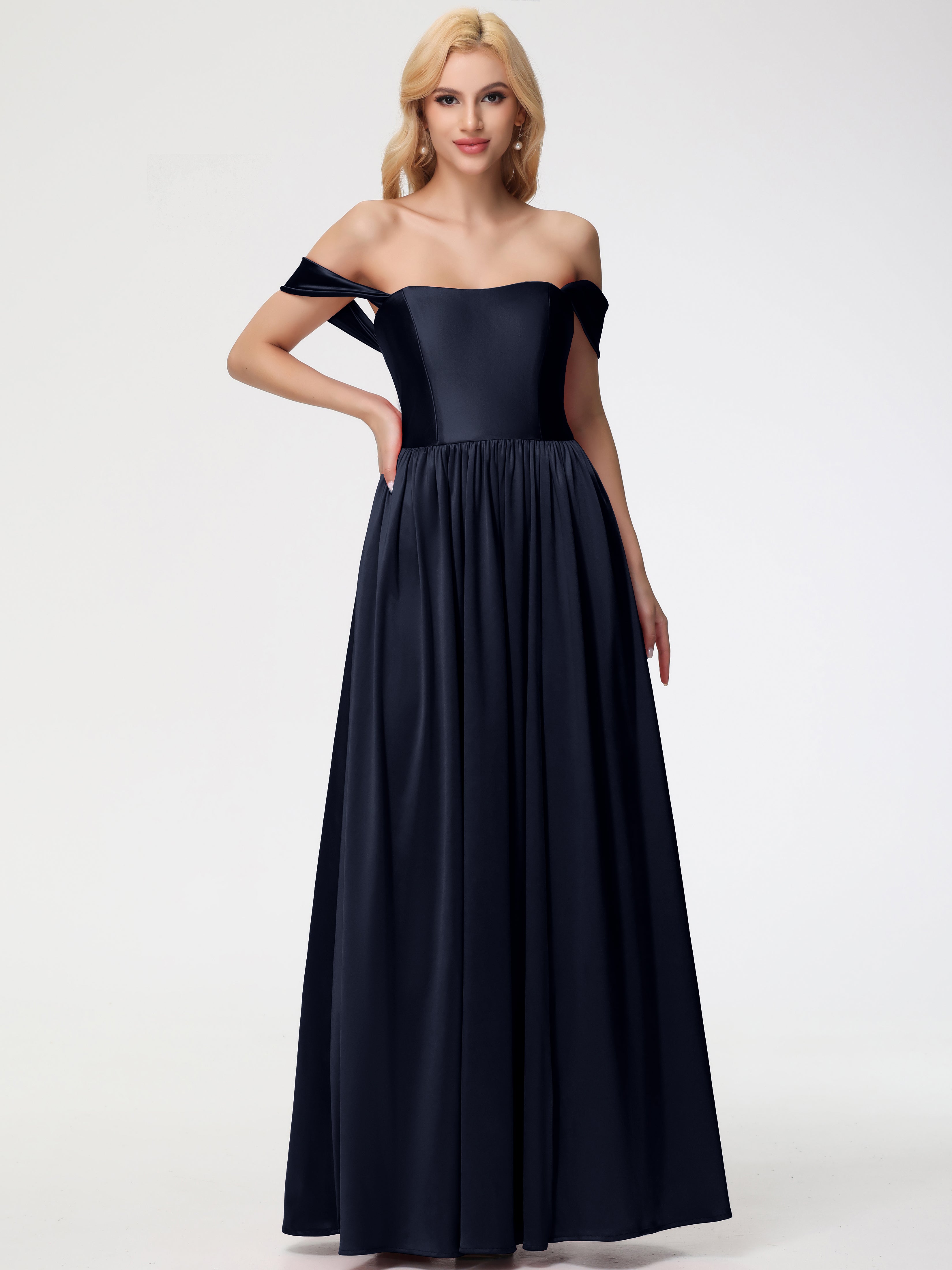 Robes De Demoiselle D'Honneur Bleu Marine Foncé épaule Dénudée Satin Extensible Robe De Demoiselle D'Honneur Robe à Bretelles Amovibles