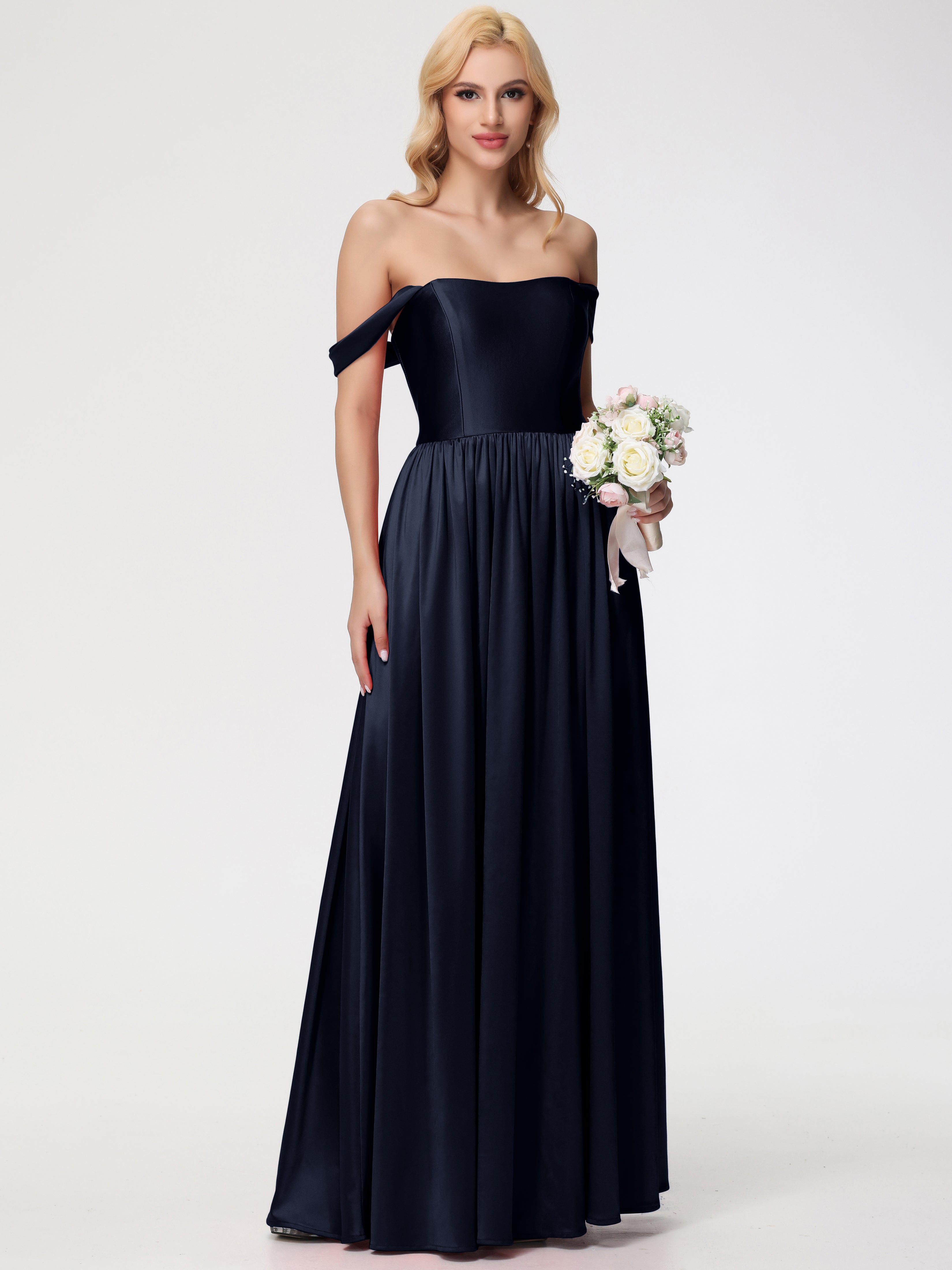 Robes De Demoiselle D'Honneur Bleu Marine Foncé épaule Dénudée Satin Extensible Robe De Demoiselle D'Honneur Robe à Bretelles Amovibles