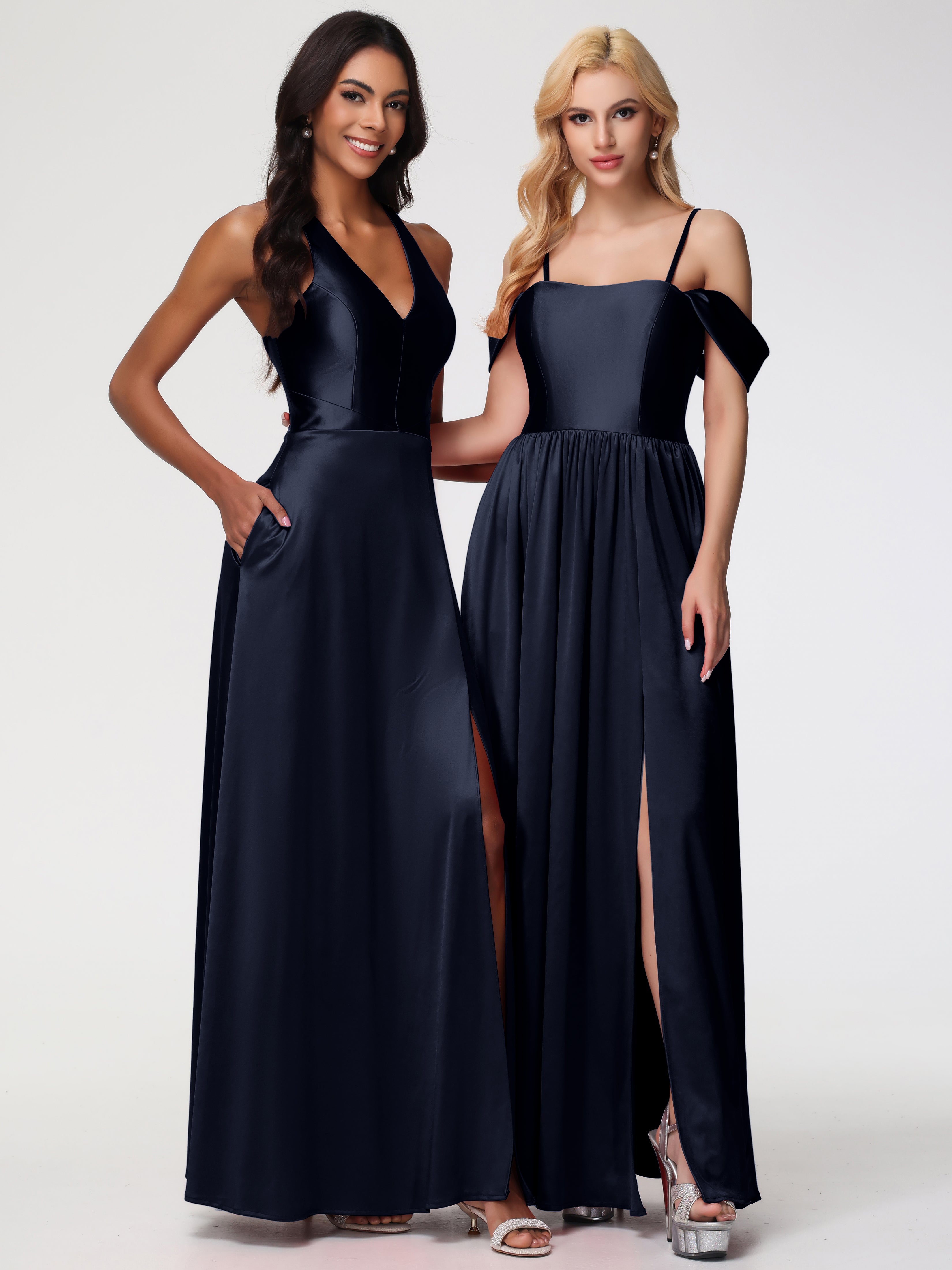 Robes De Demoiselle D'Honneur Bleu Marine Foncé épaule Dénudée Satin Extensible Robe De Demoiselle D'Honneur Robe à Bretelles Amovibles