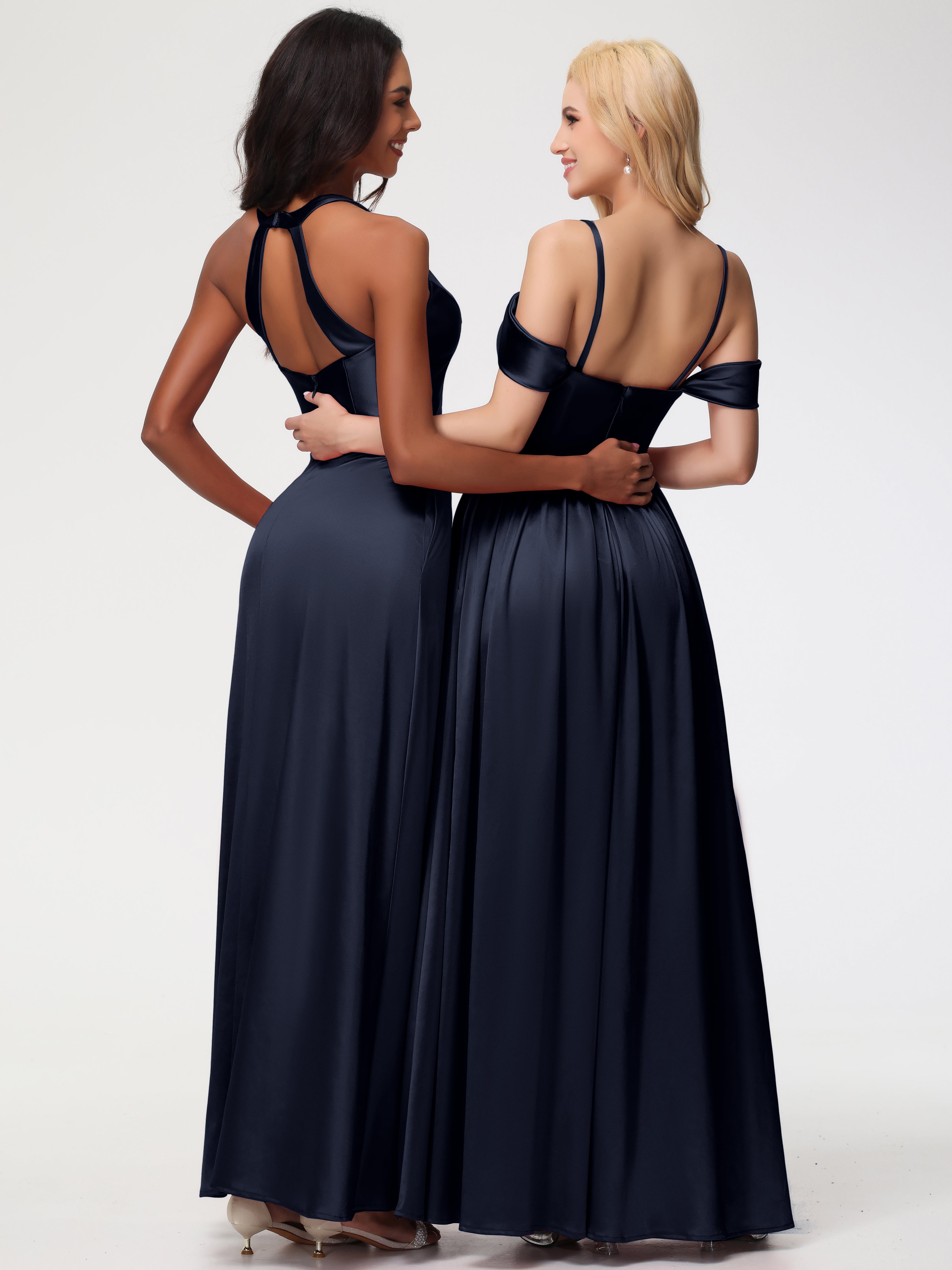 Robes De Demoiselle D'Honneur Bleu Marine Foncé épaule Dénudée Satin Extensible Robe De Demoiselle D'Honneur Robe à Bretelles Amovibles