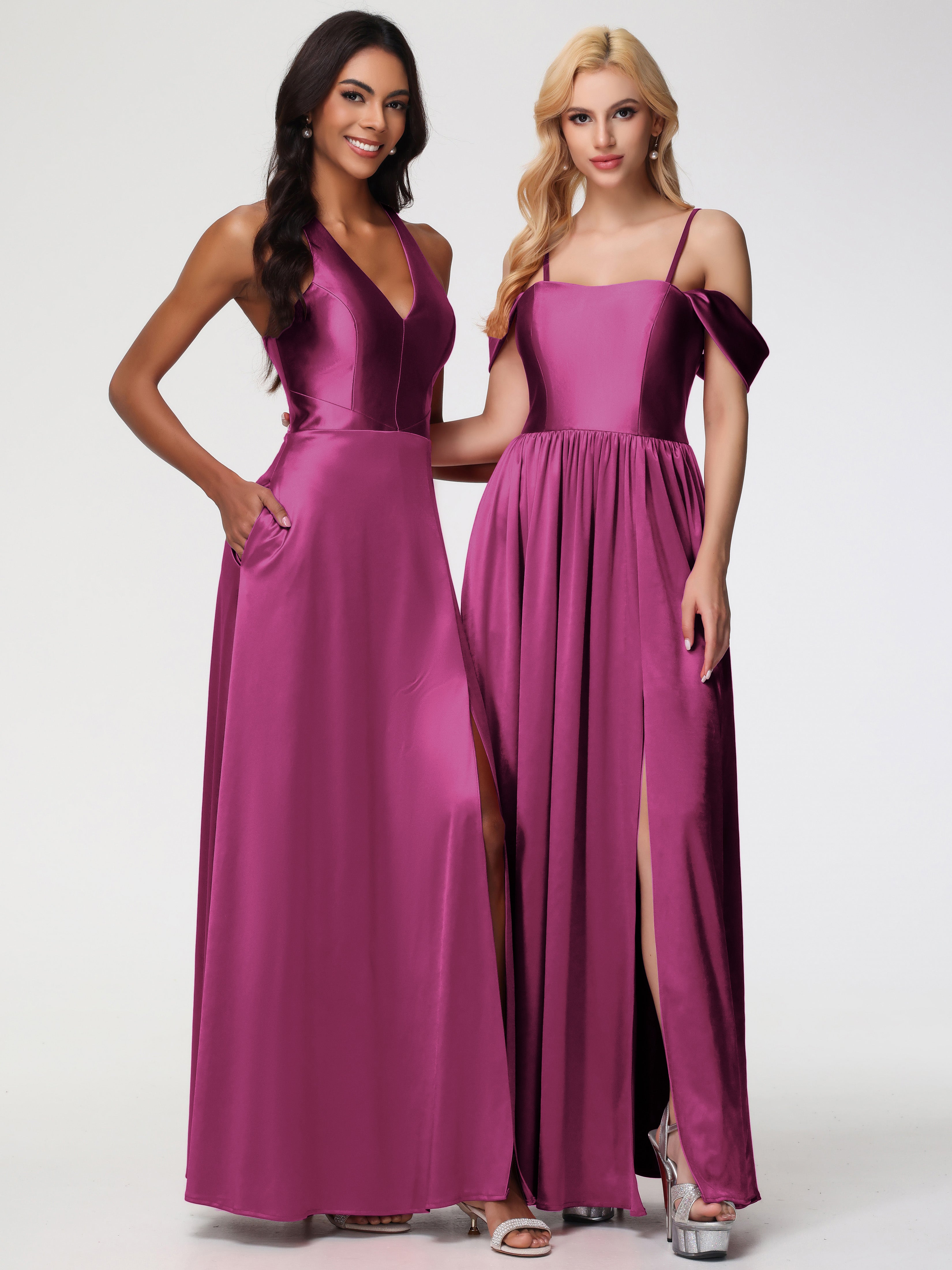 Robes De Demoiselle D'Honneur Couleur Fuchsia Rose épaule Dénudée Satin Extensible Robe De Demoiselle D'Honneur Robe à Bretelles Amovibles