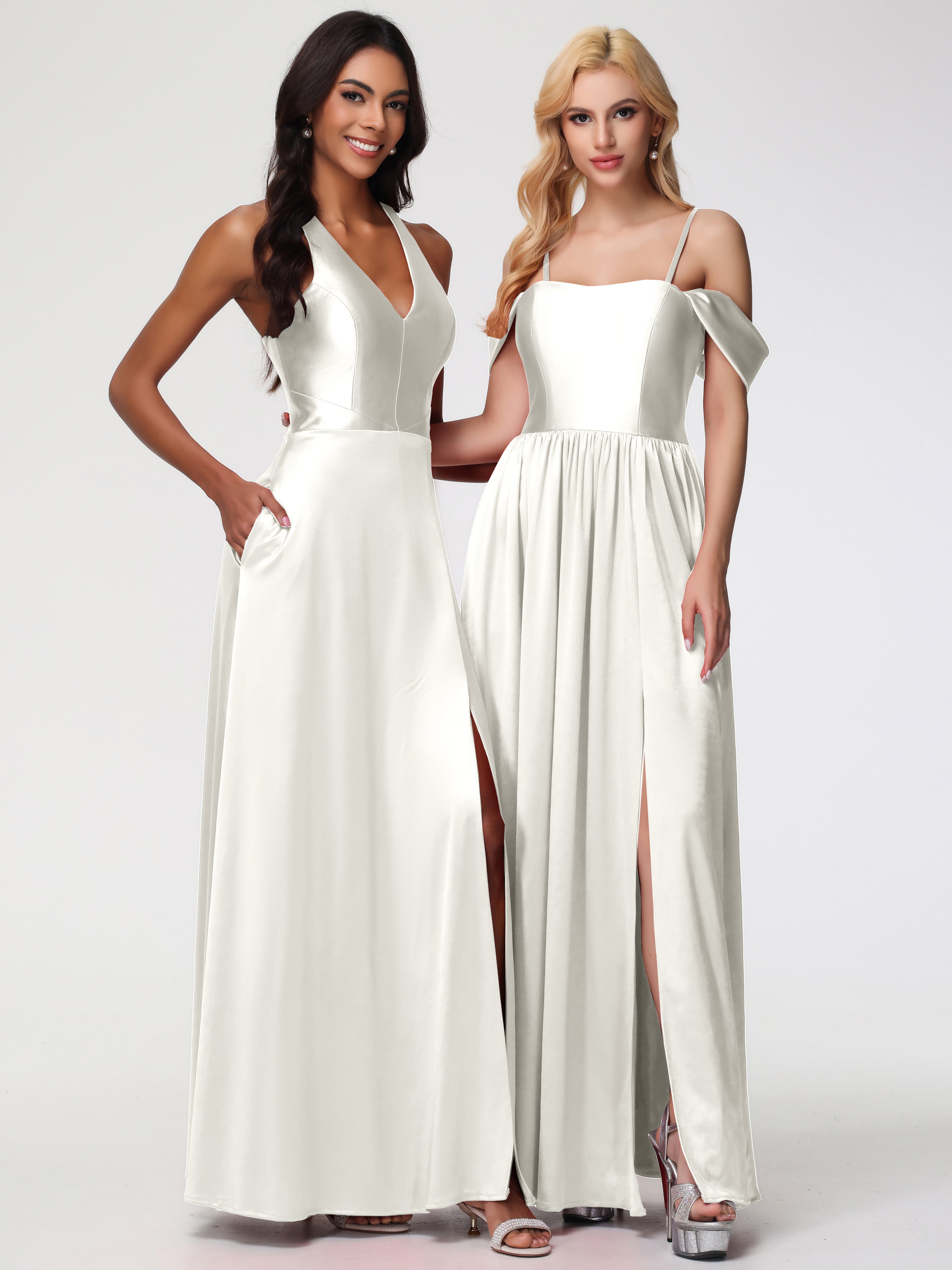 Robes De Demoiselle D'Honneur Ivoire épaule Dénudée Satin Extensible Robe De Demoiselle D'Honneur Robe à Bretelles Amovibles