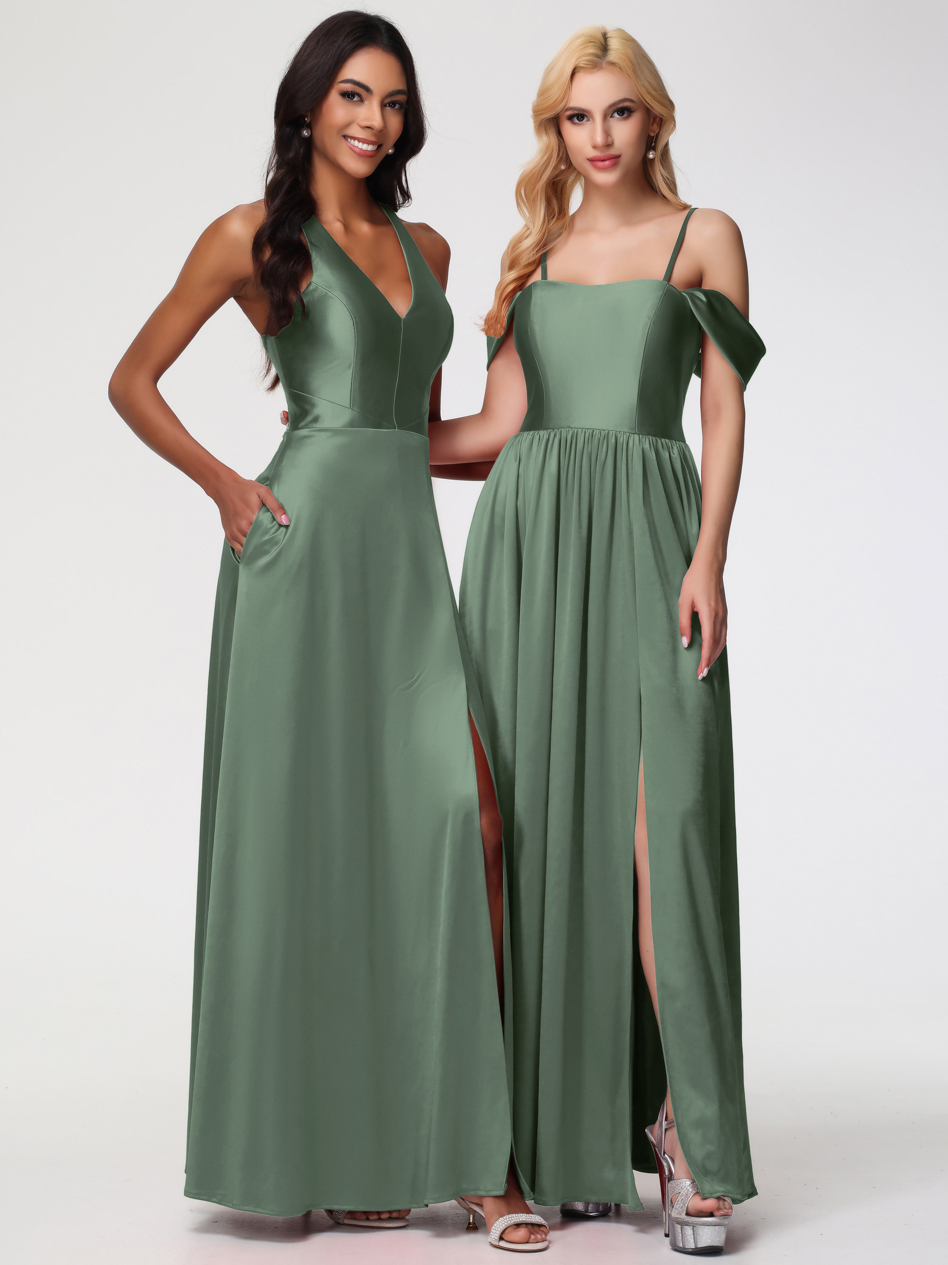 Robes De Demoiselle D'Honneur Vert Olive épaule Dénudée Satin Extensible Robe De Demoiselle D'Honneur Robe à Bretelles Amovibles