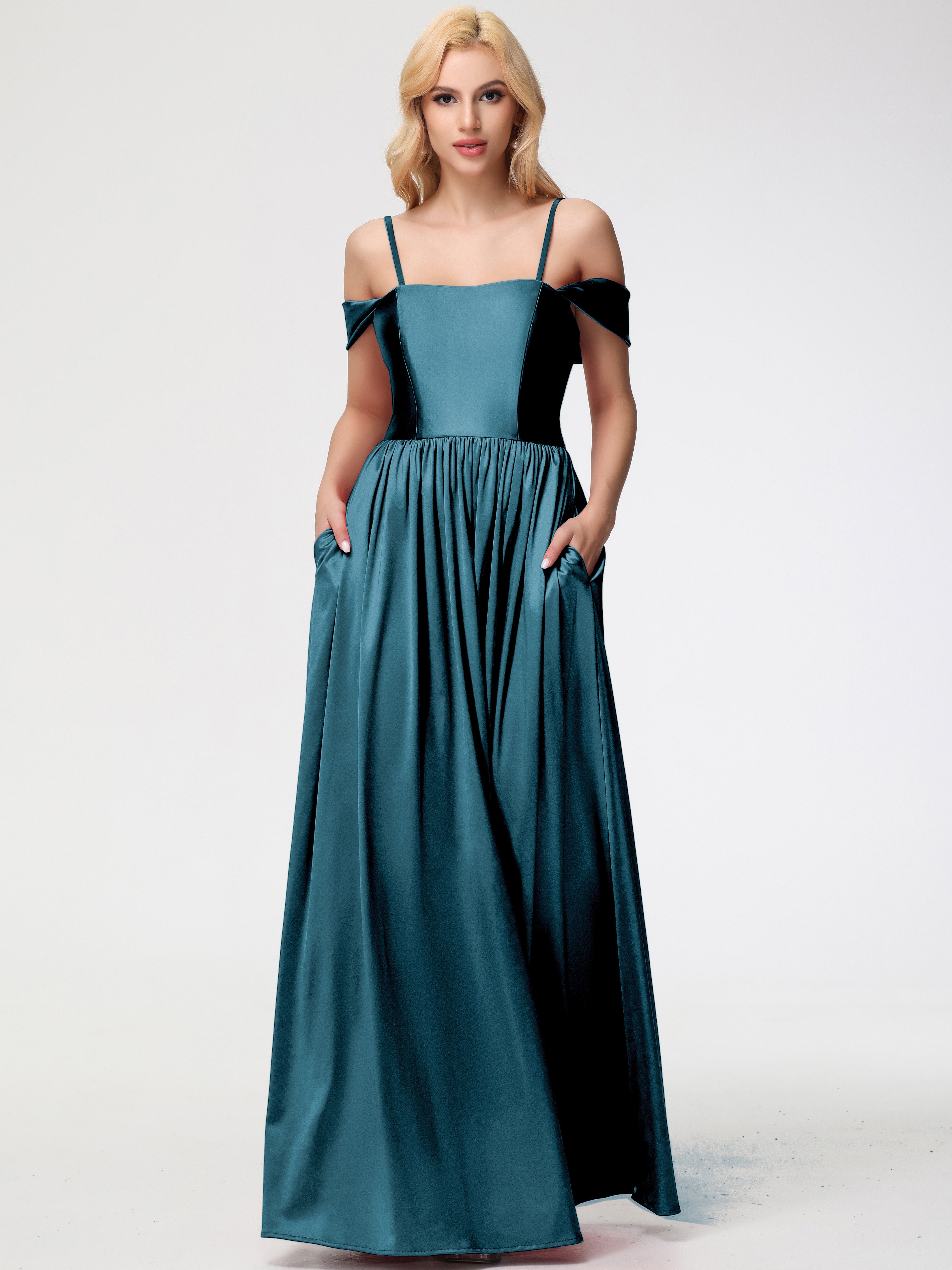 Robes De Demoiselle D'Honneur Couleur Paon épaule Dénudée Satin Extensible Robe De Demoiselle D'Honneur Robe à Bretelles Amovibles
