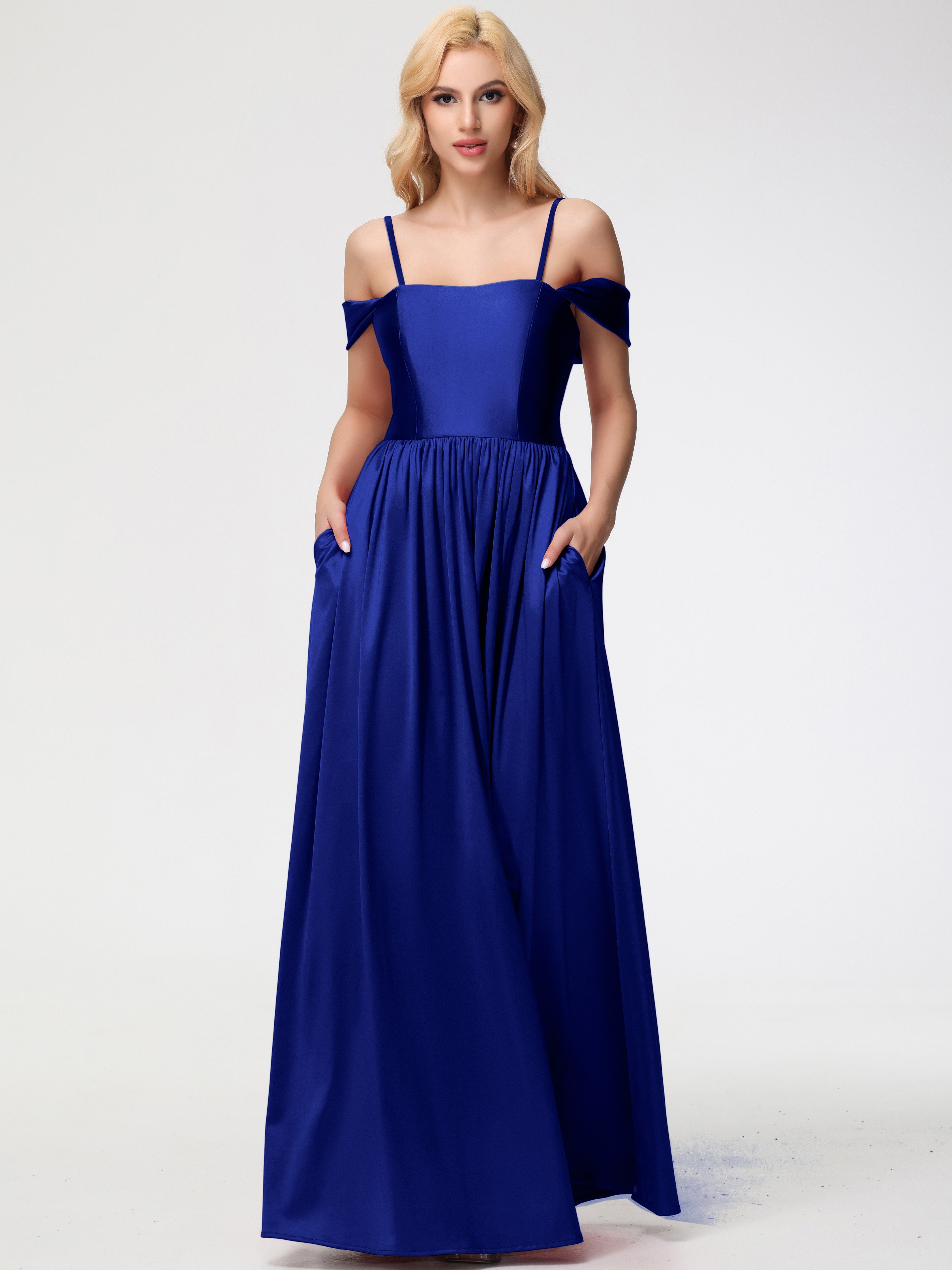 Robes De Demoiselle D'Honneur Bleu Royal Longues épaule Dénudée Satin Extensible Robe De Demoiselle D'Honneur Robe à Bretelles Amovibles