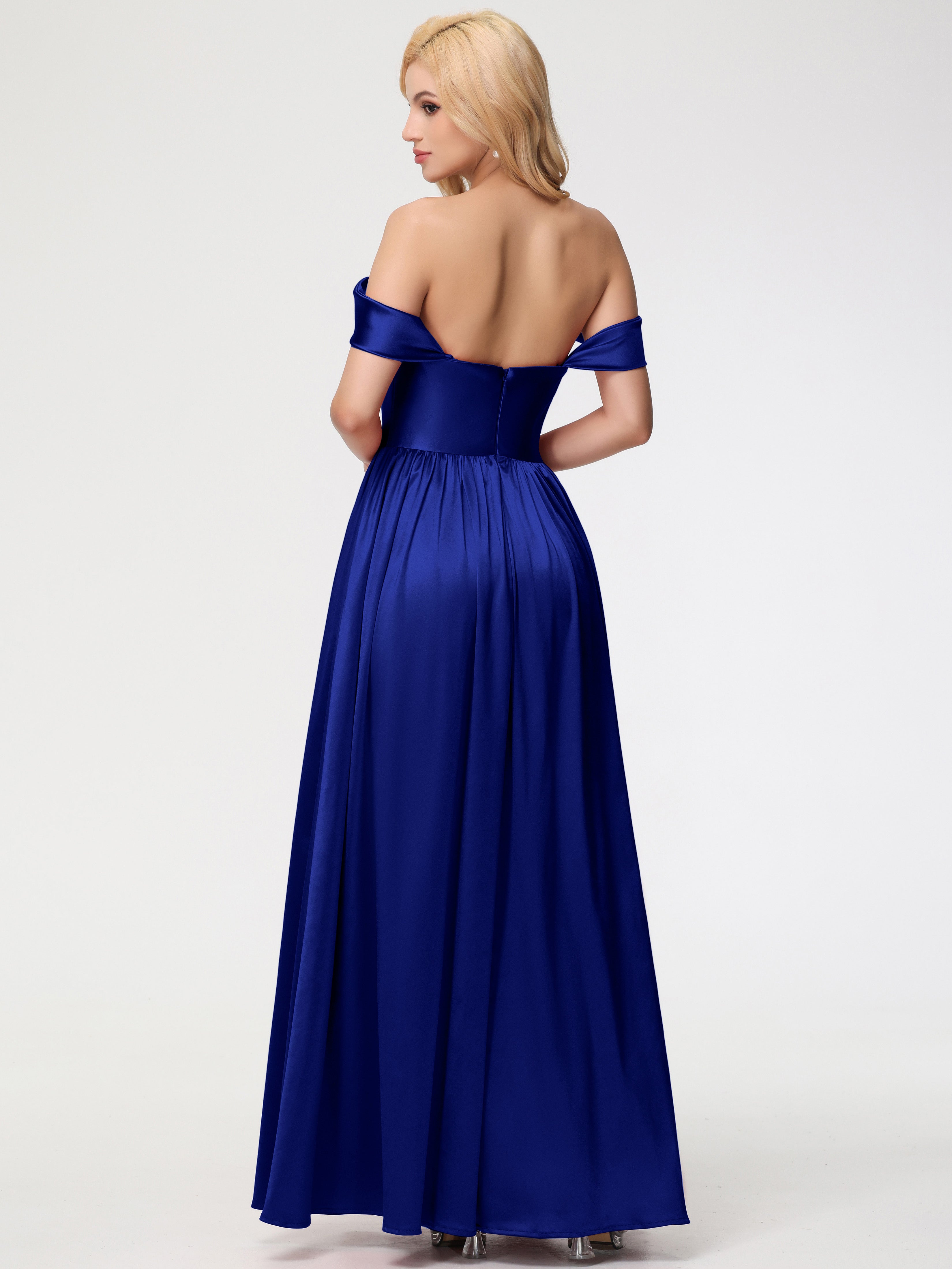Robes De Demoiselle D'Honneur Bleu Royal Longues épaule Dénudée Satin Extensible Robe De Demoiselle D'Honneur Robe à Bretelles Amovibles