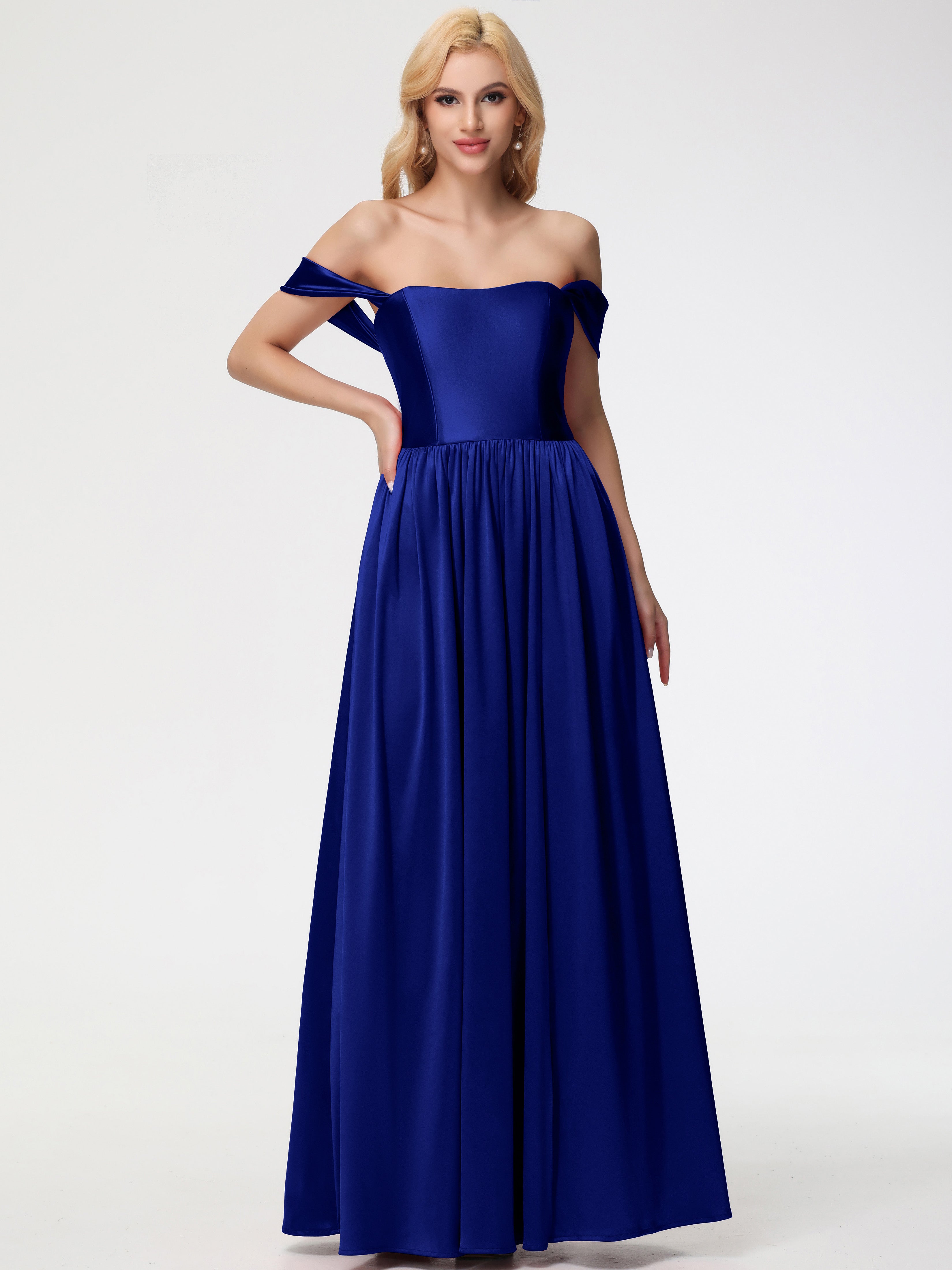 Robes De Demoiselle D'Honneur Bleu Royal Longues épaule Dénudée Satin Extensible Robe De Demoiselle D'Honneur Robe à Bretelles Amovibles